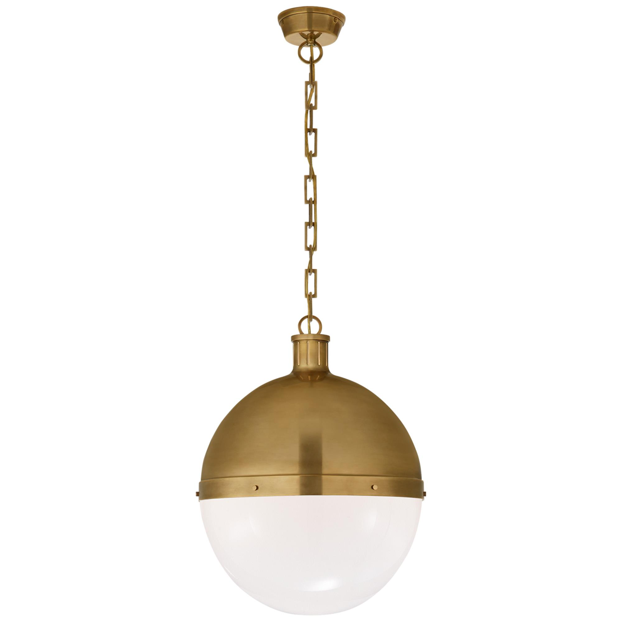 Shown in Hand-Rubbed Antique Brass finish and White glass