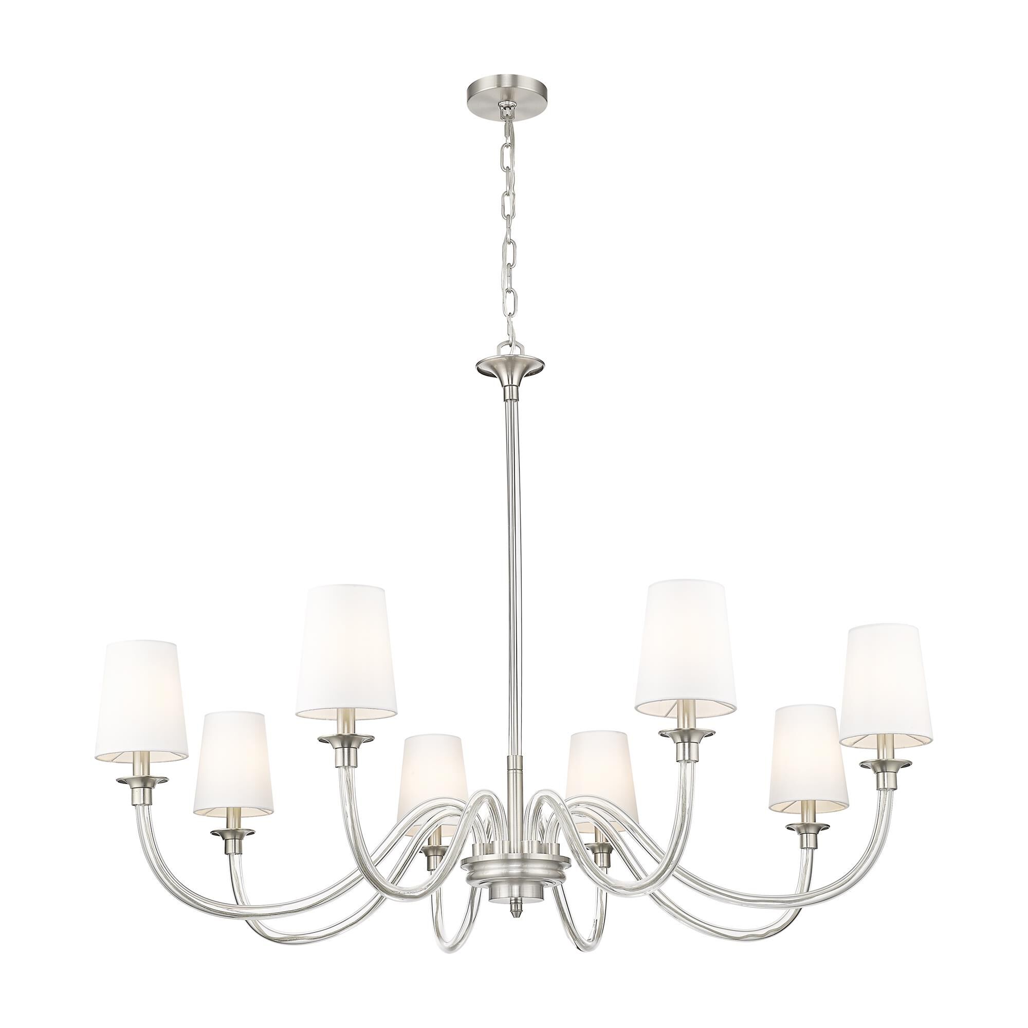 Shown in Brushed Nickel finish and White glass and White shade