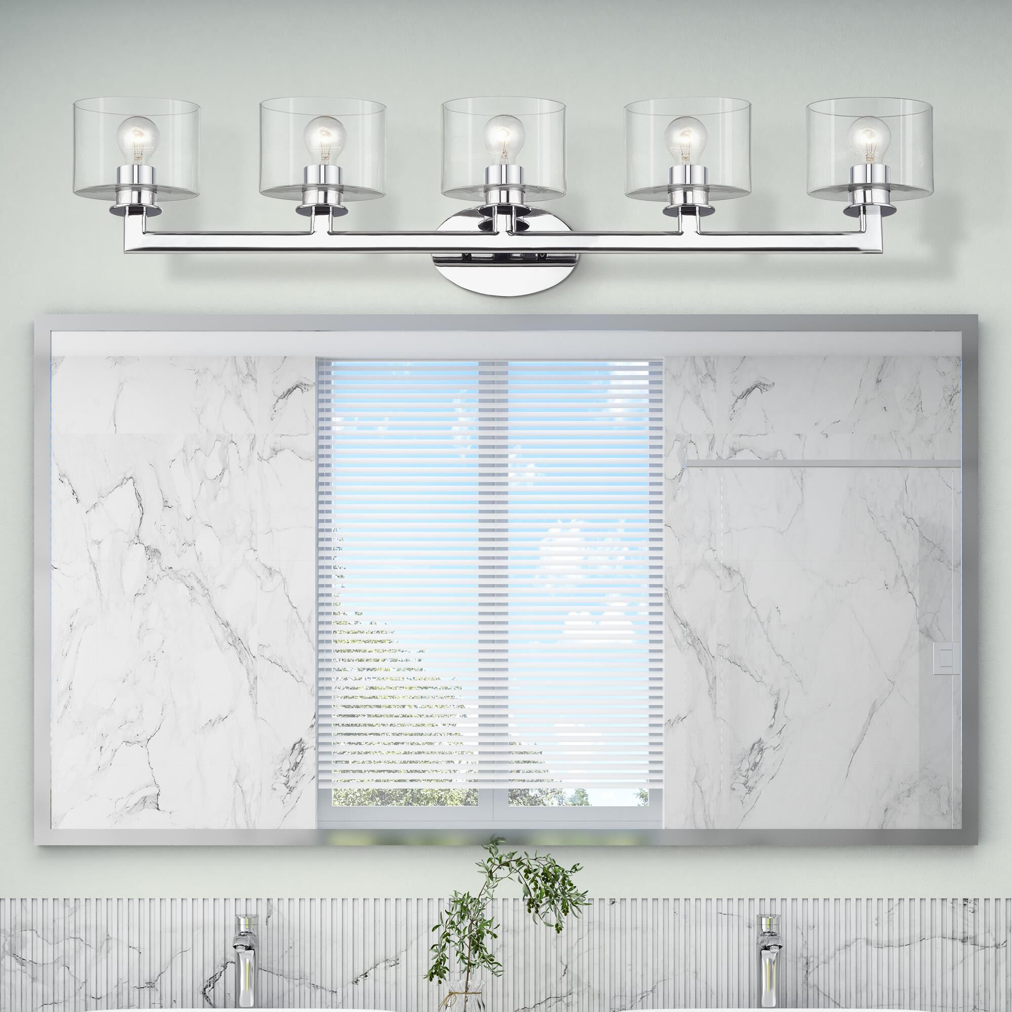 Shown in Polished Chrome finish and Mouth Blown Clear glass