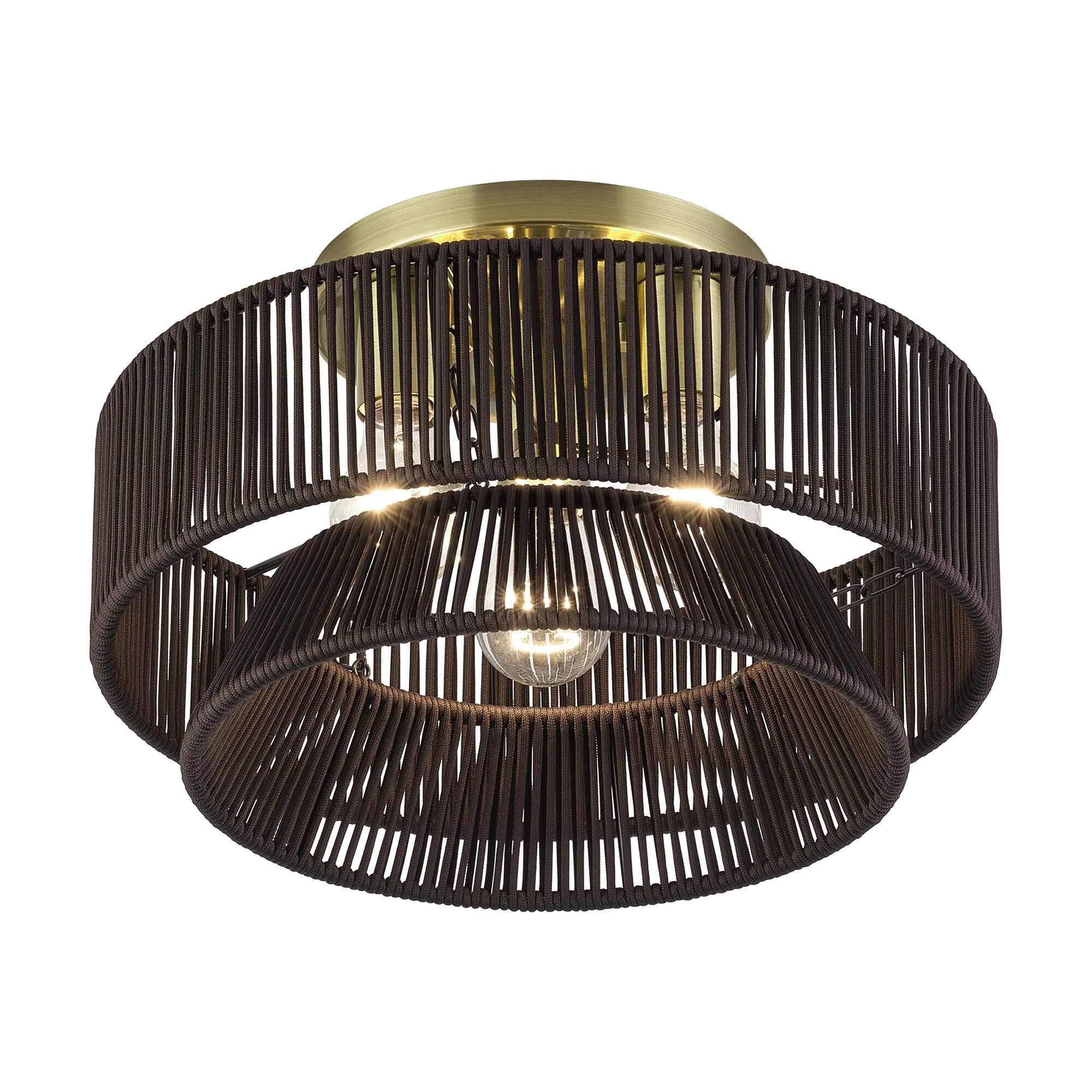 Shown in Antique Brass finish and Hand-Woven Dark Chocolate Color Polyester Rope shade