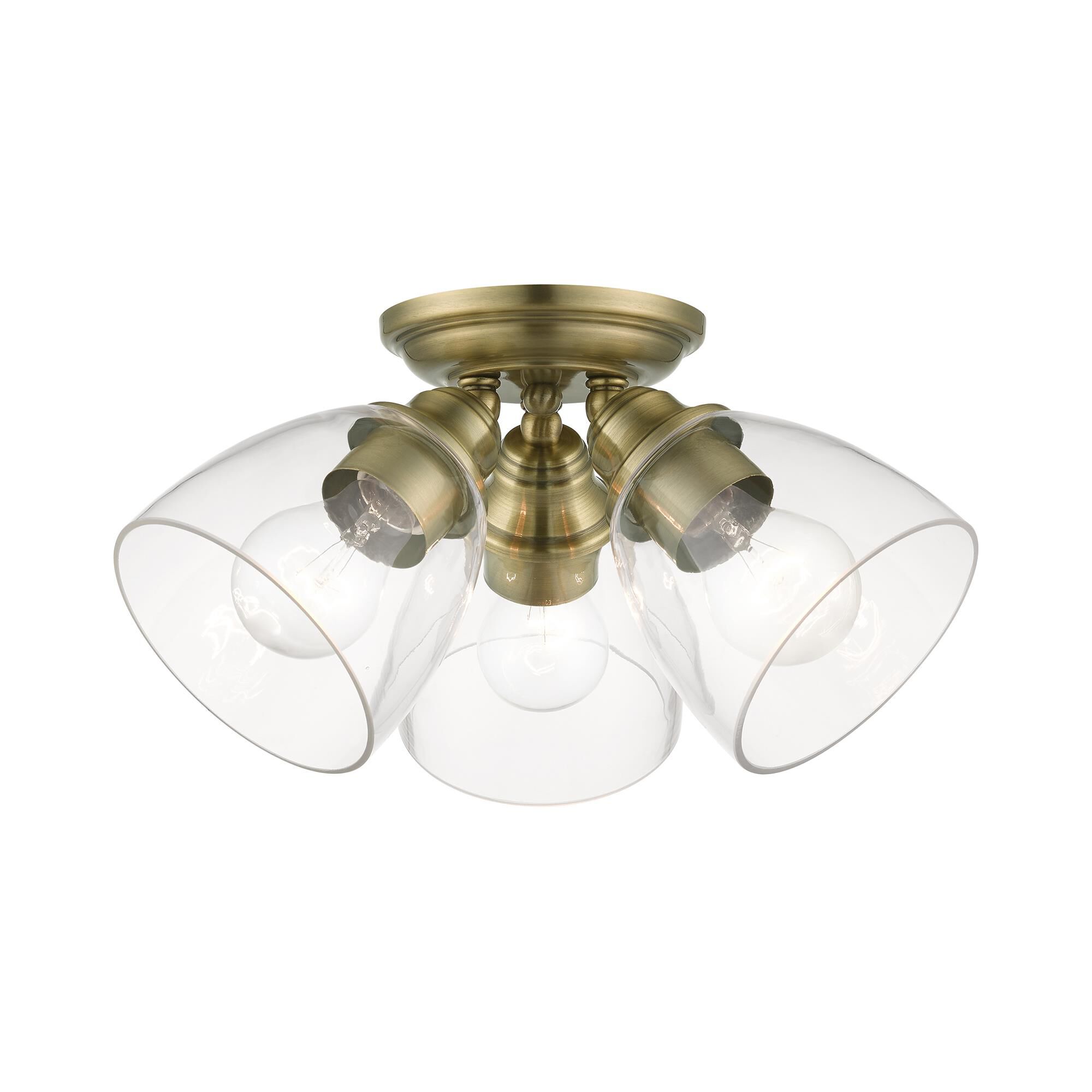 Shown in Antique Brass finish and Hand Blown Clear glass