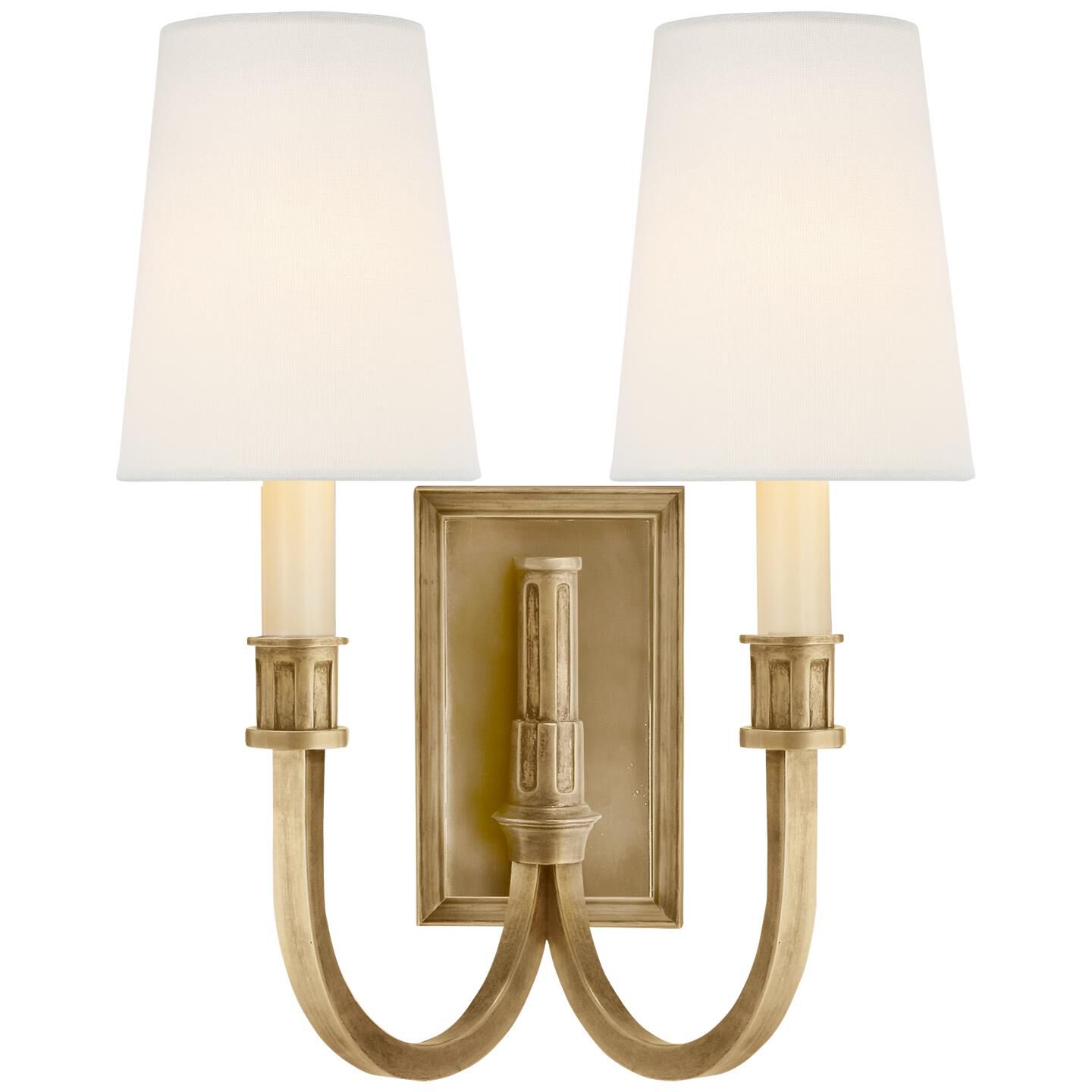 Shown in Hand-Rubbed Antique Brass finish and Linen shade