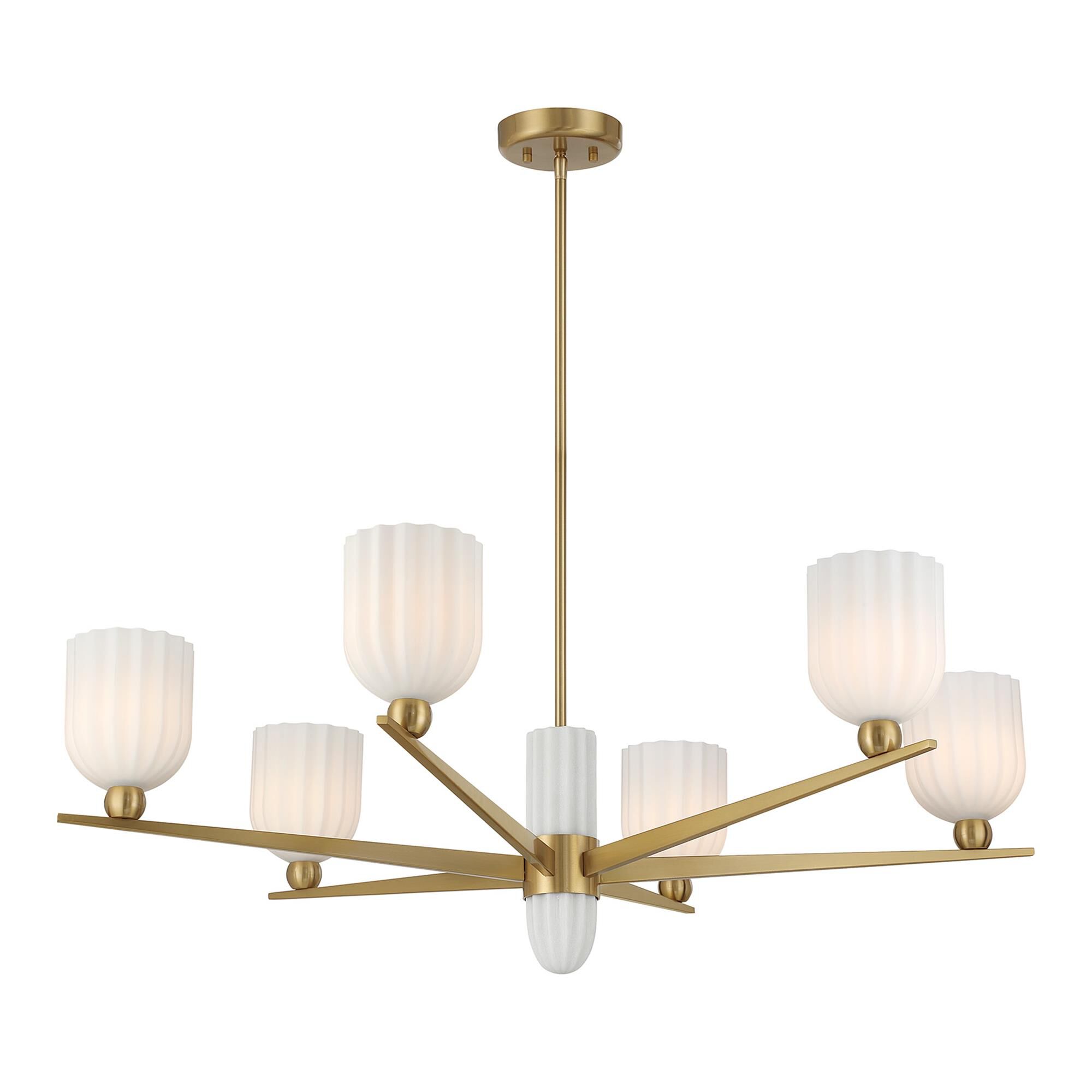 Shown in Warm Brass finish and White Opal Ribbed glass and White Resin accent