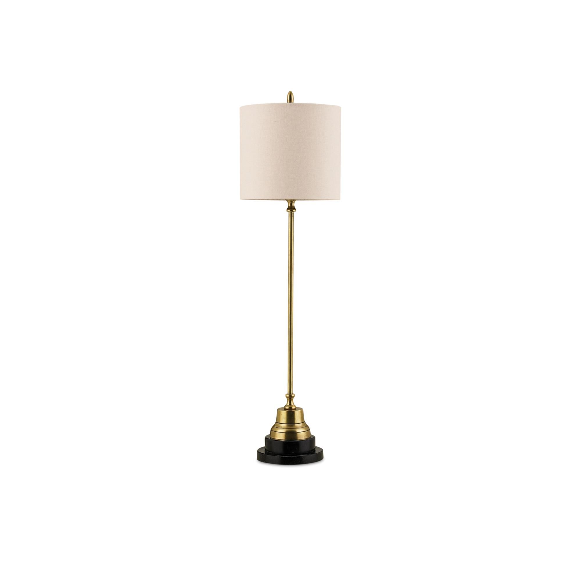 Shown in Vintage Brass-Black finish and Bone Linen shade