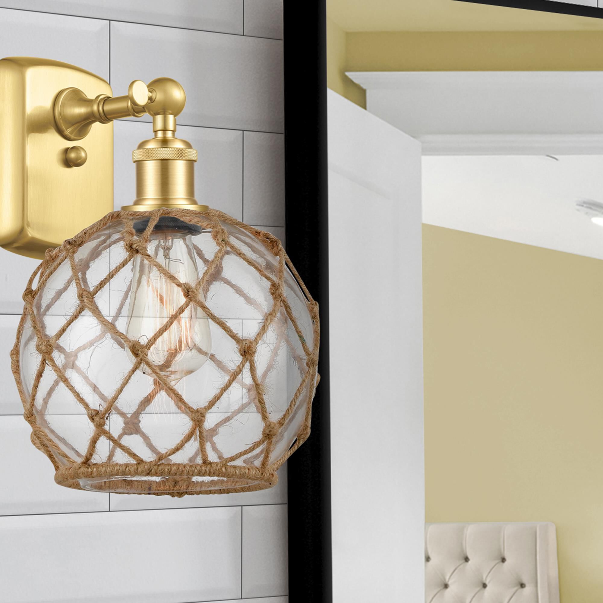 Shown in Satin Gold finish and Clear Farmhousewith Brown Rope glass