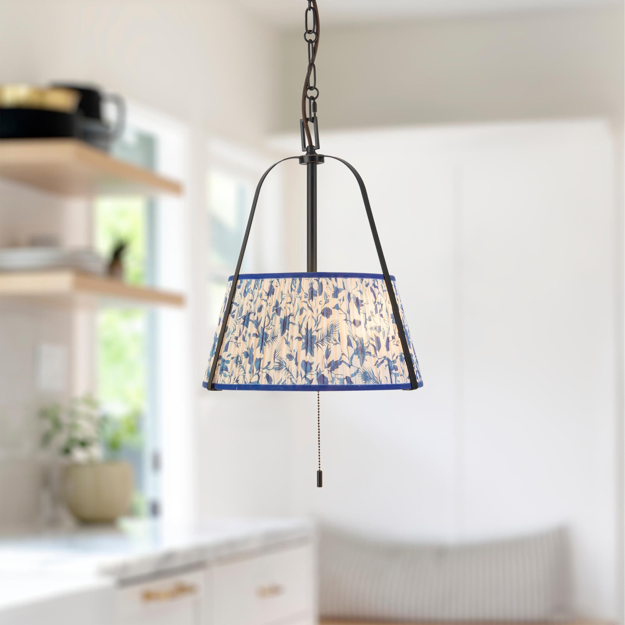 Shown in Matte Black finish and Blue Linen shade