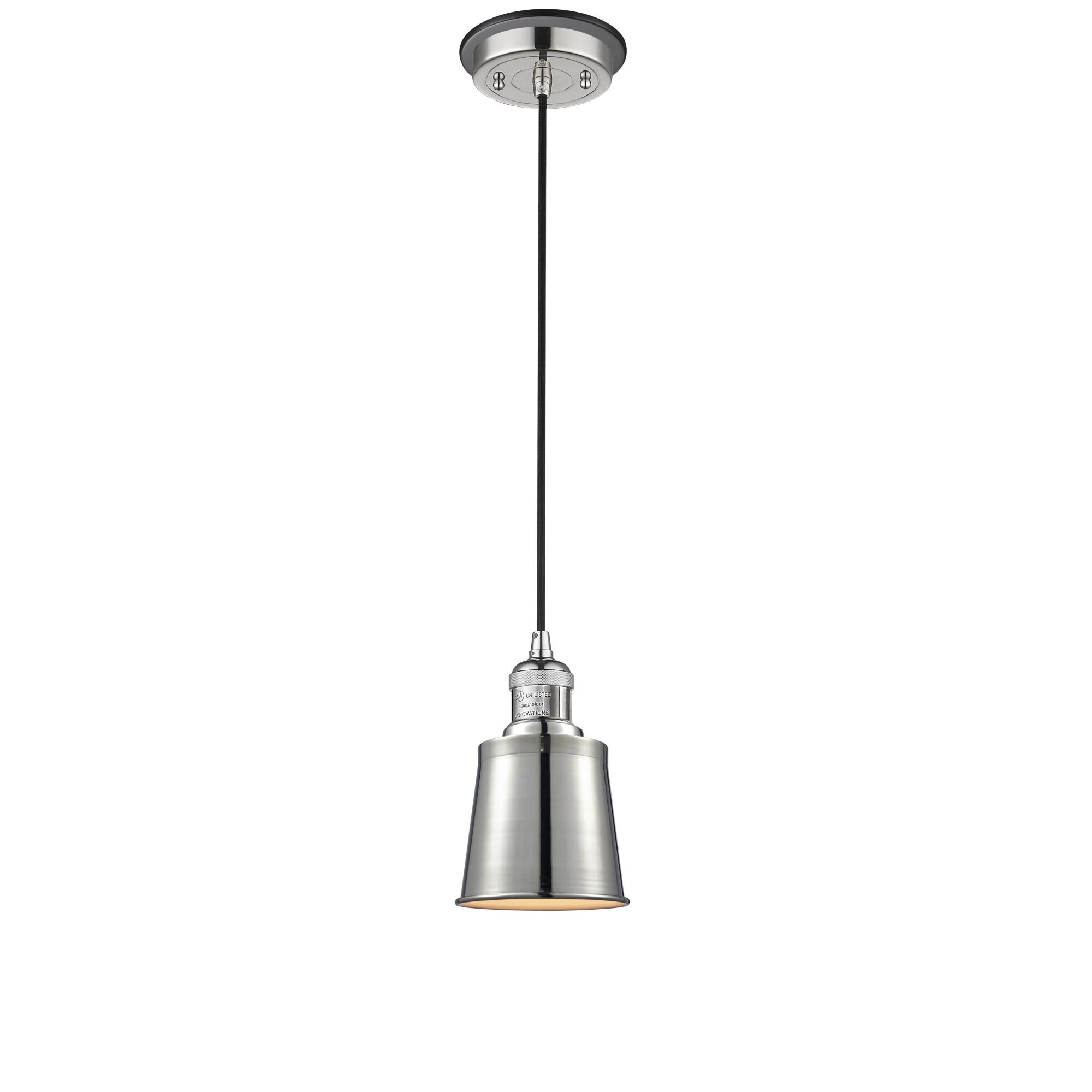 Shown in Polished Nickel finish and Polished Nickel Addison shade and Matte Black accent