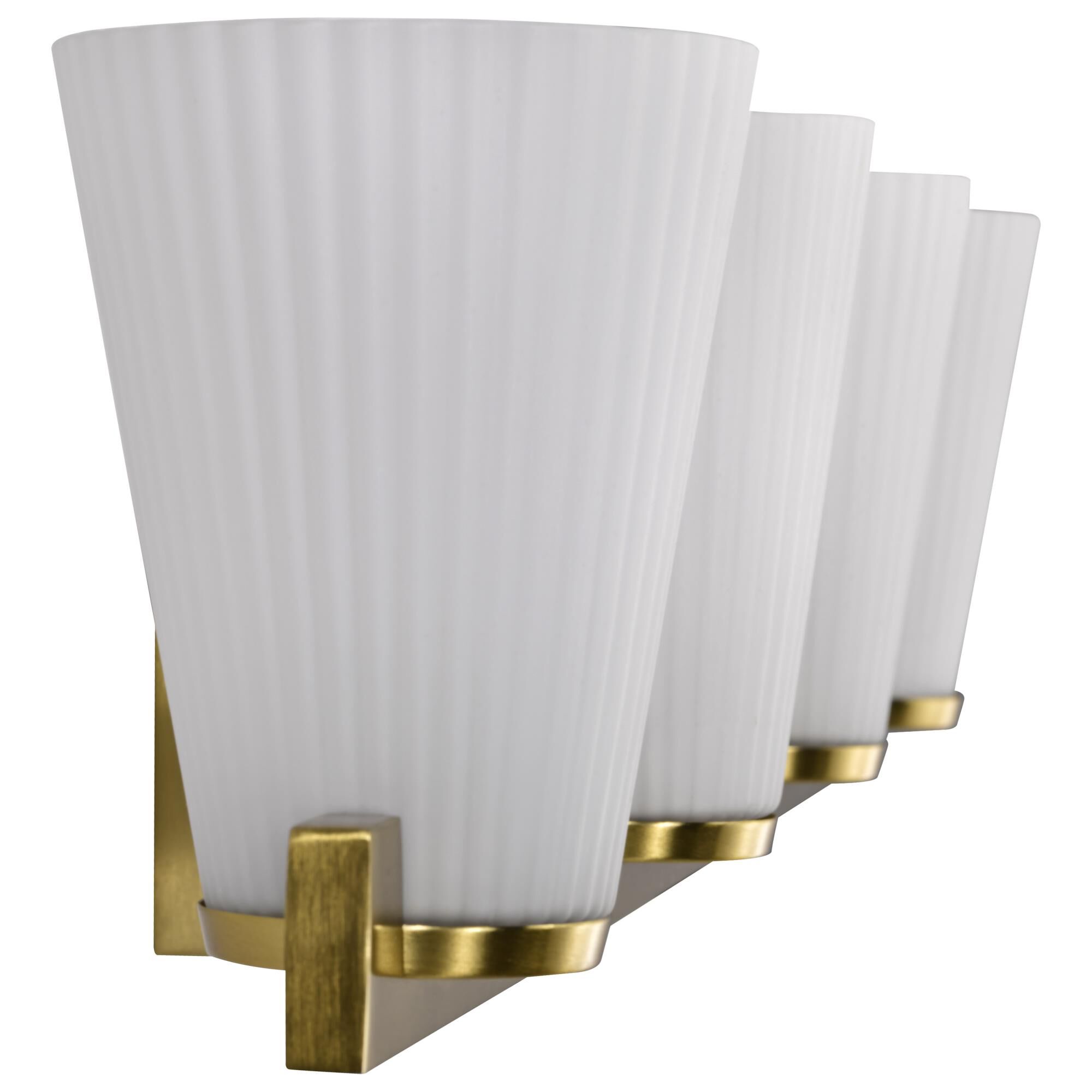 Shown in Burnished Brass finish and Ribbed White glass