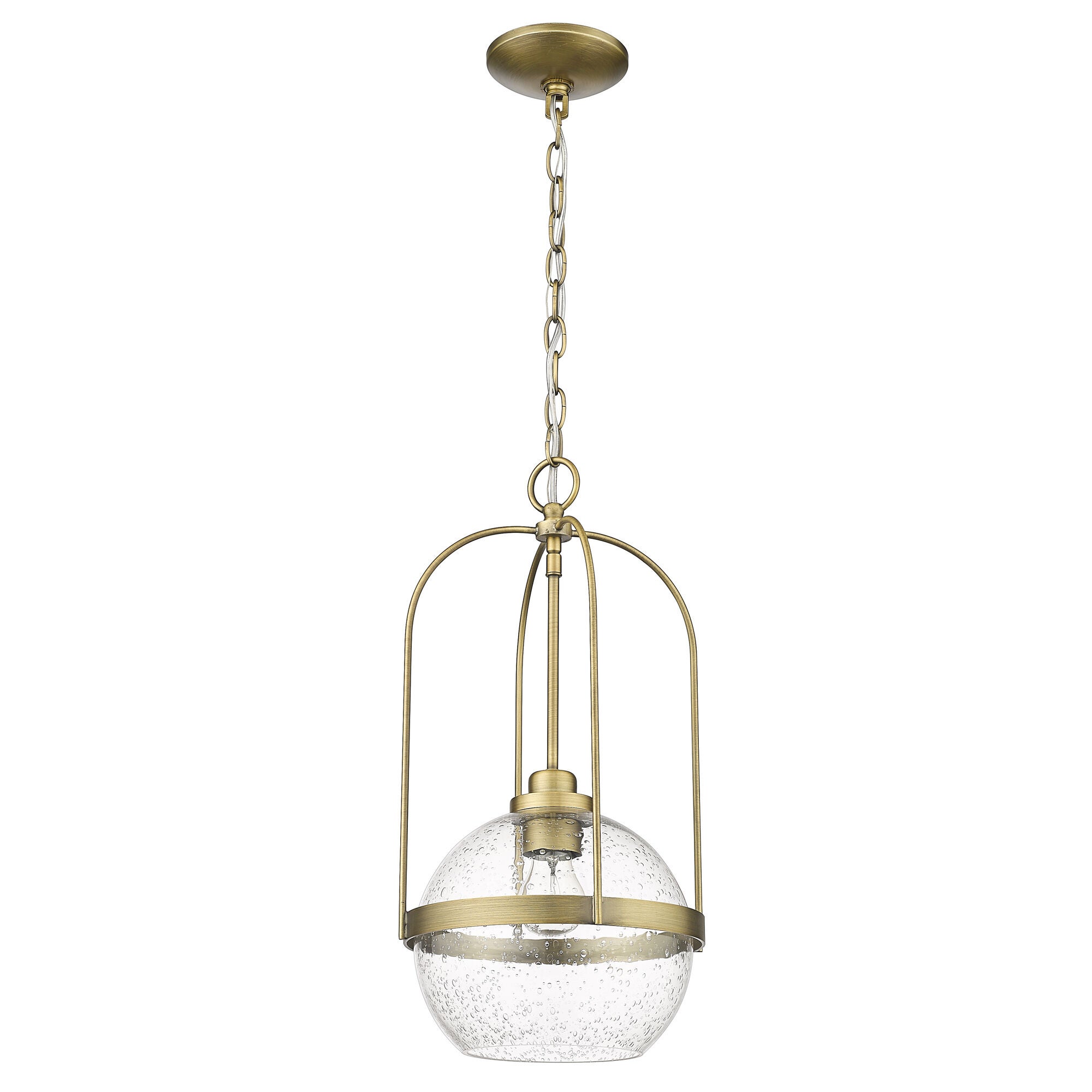 Shown in Antique Brass finish and Clear Seeded glass