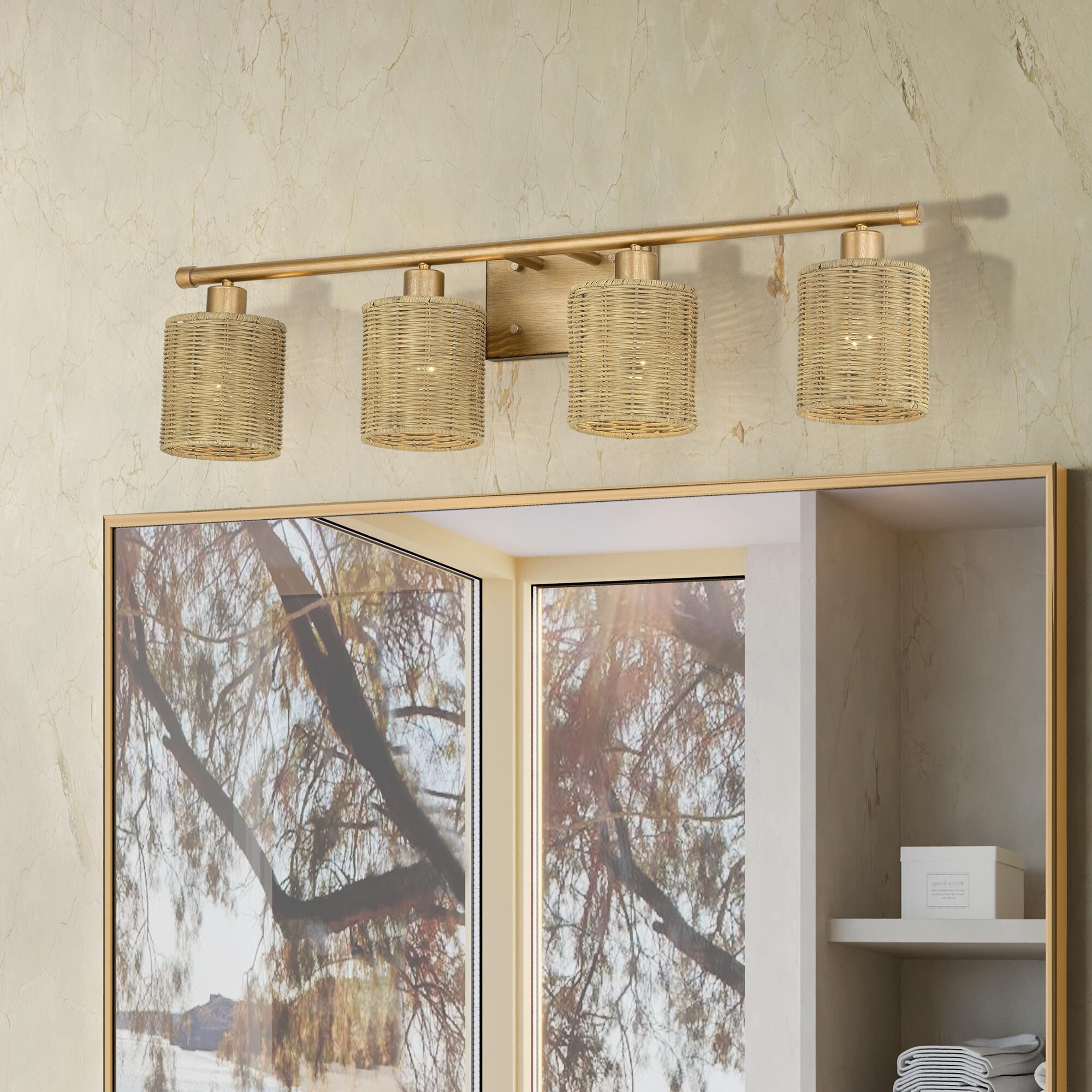 Shown in Antique Gold Leaf finish and Hand-Woven Rustic Walnut Color Rattan shade