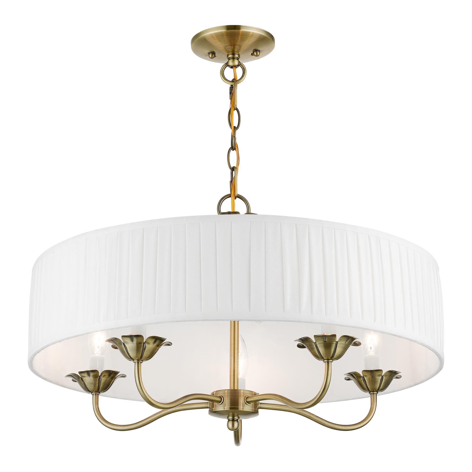 Shown in Antique Brass finish and Off-White Fabric Hardback with White Fabric Inside shade