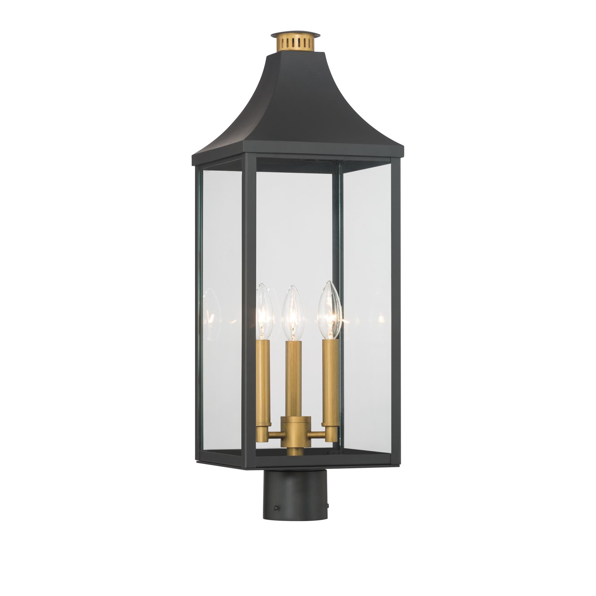 Shown in Dark Matte Black and Painted Legacy Brass finish and Clear glass