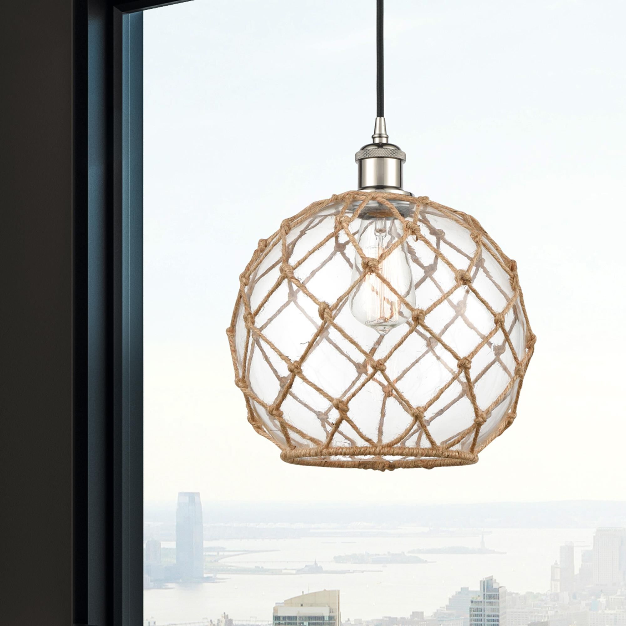 Shown in Polished Nickel finish and Clear Large Farmhousewith Brown Rope glass and Polished Chrome accent