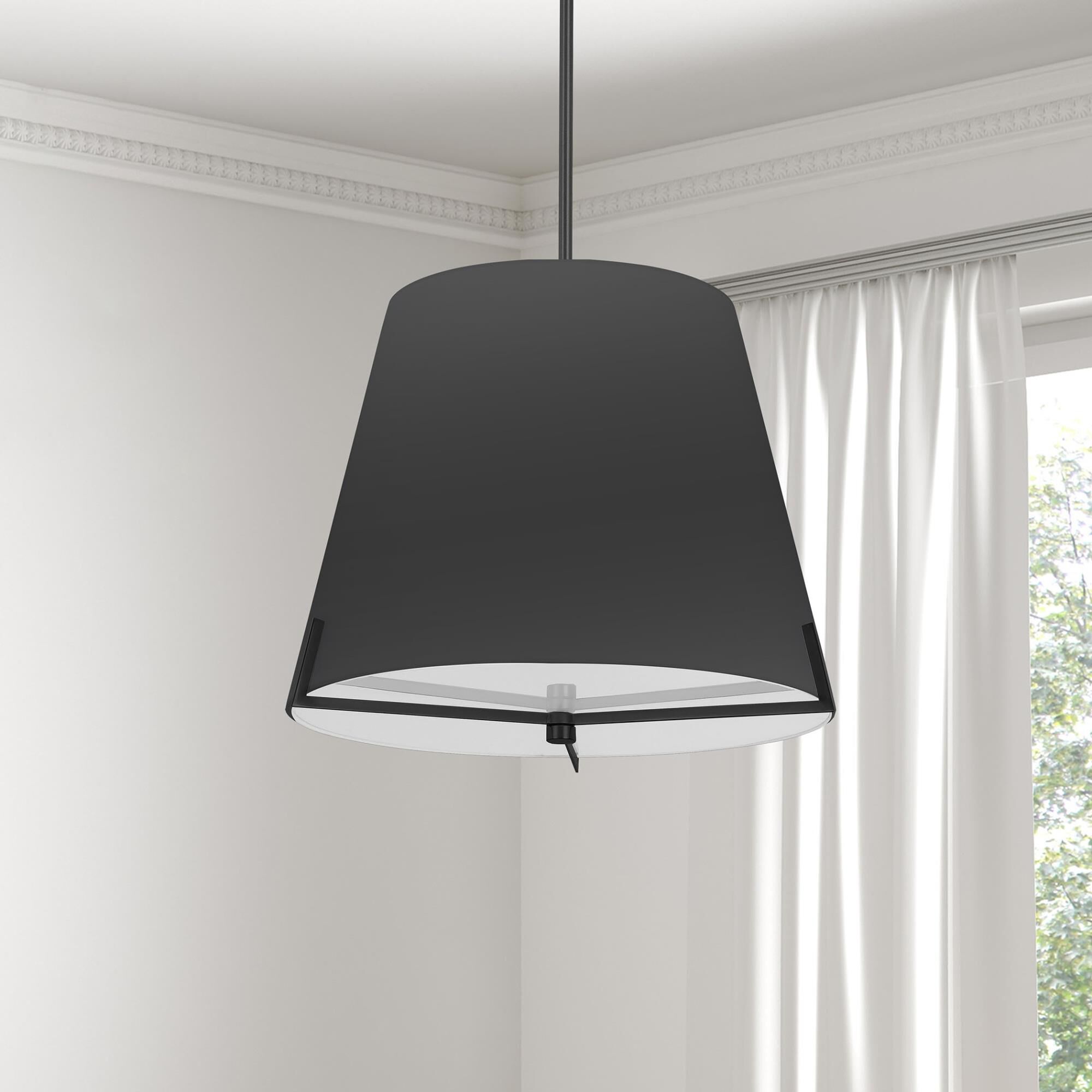 Shown in Black and Matte Black finish and Black Fabric Tapered Drum shade