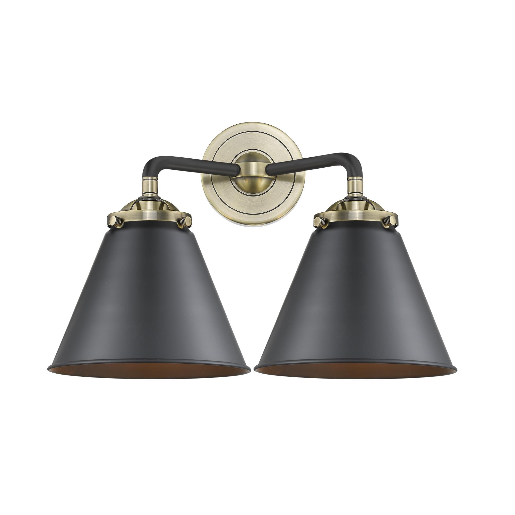 Shown in Black Antique Brass finish and Metal - Matte Black shade