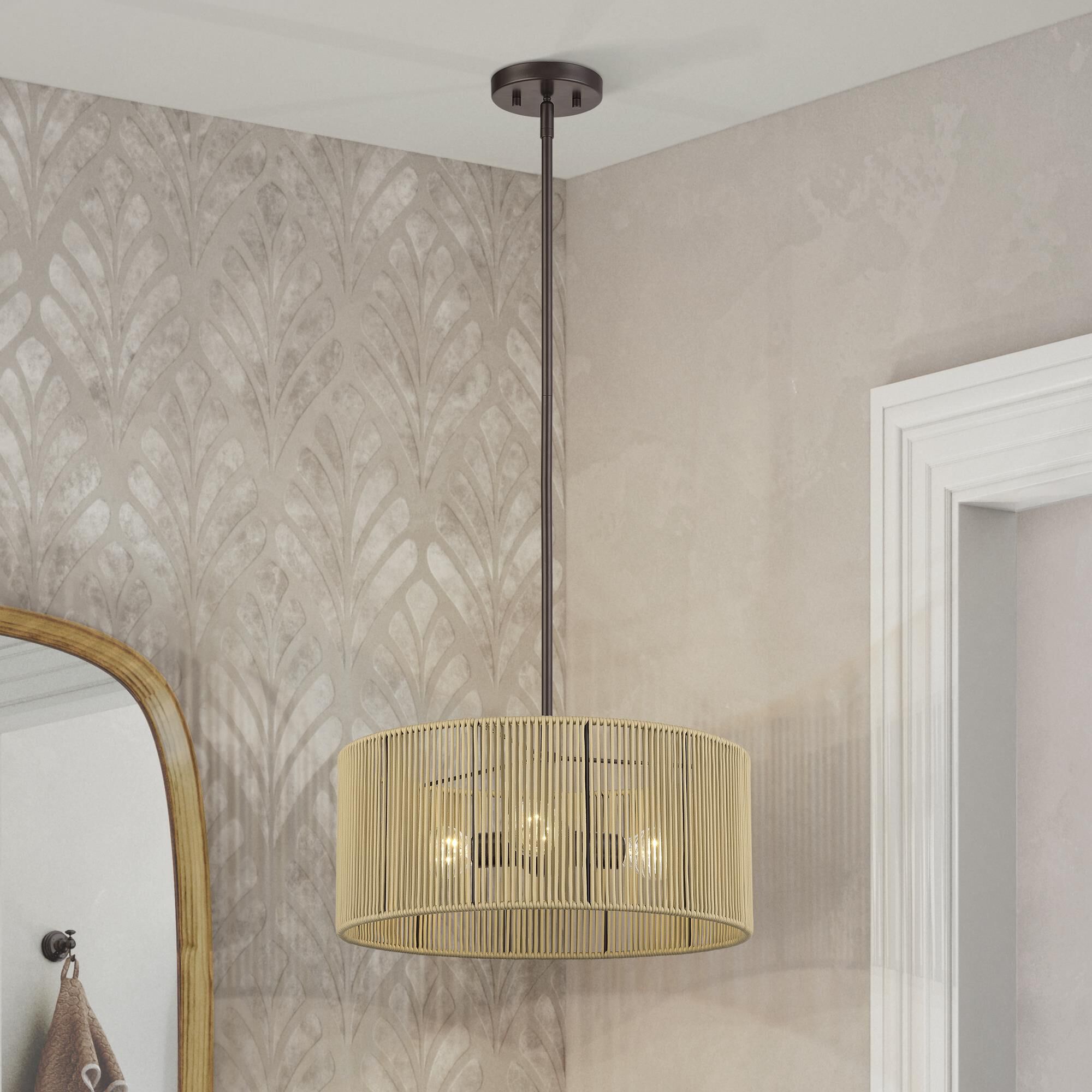 Shown in English Bronze finish and Hand-Woven Venetian Gold Color Polyester Rope shade