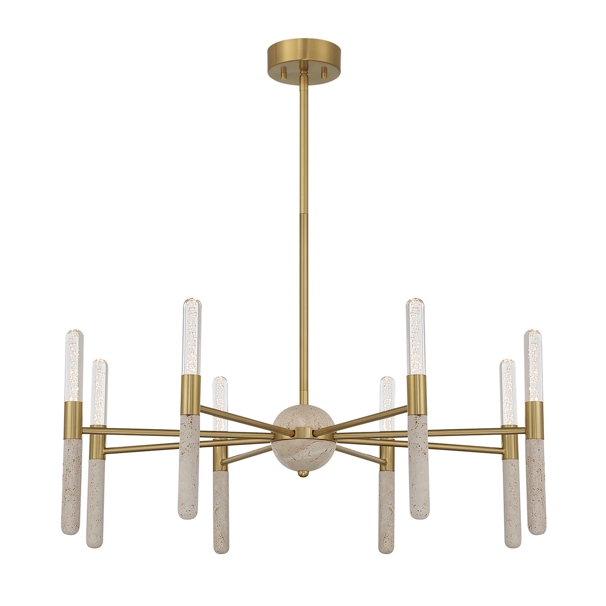 Shown in Warm Brass finish and Clear Seeded glass and Beige Travertine accent