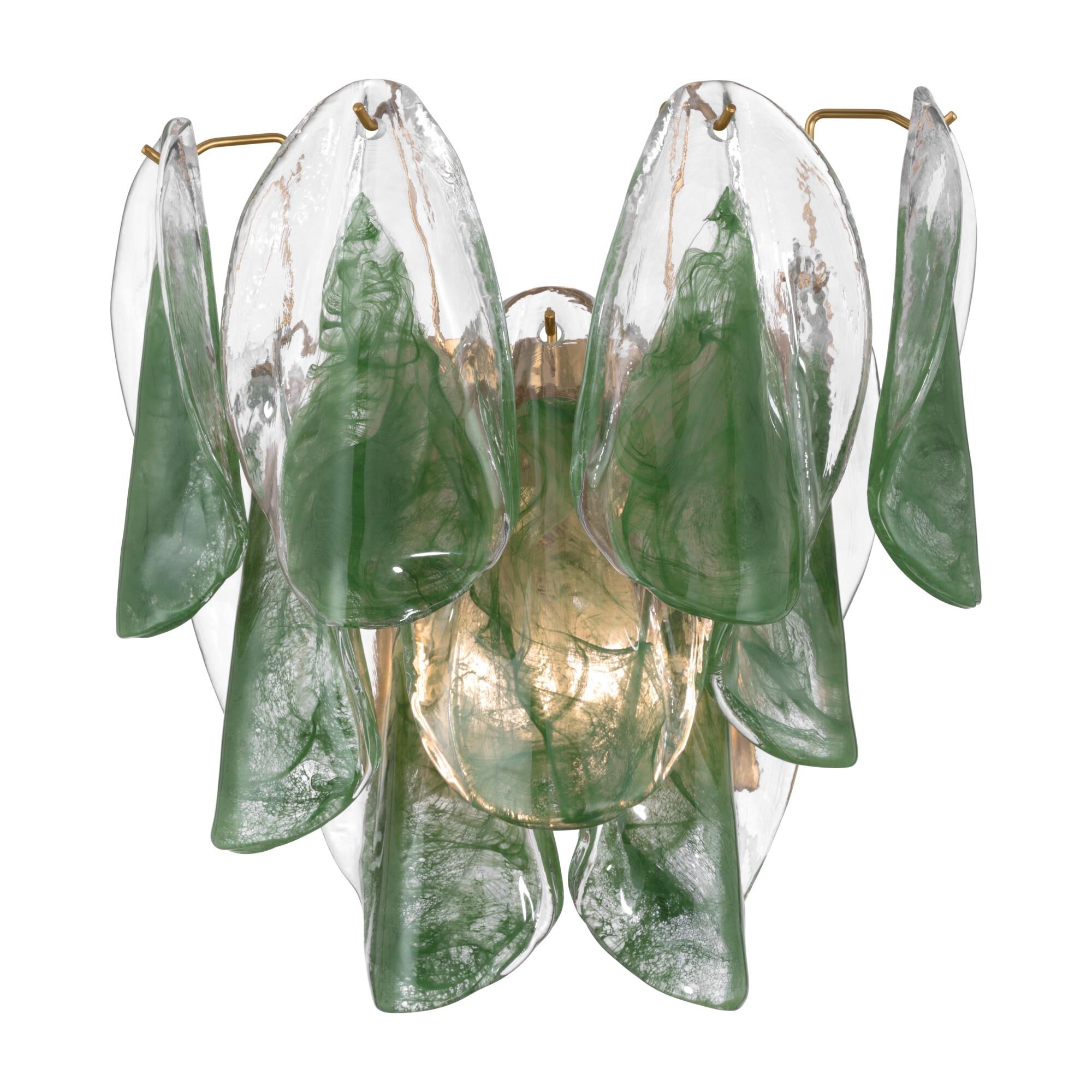 Shown in Legacy Brass finish and Green and Clear Hand-Formed glass