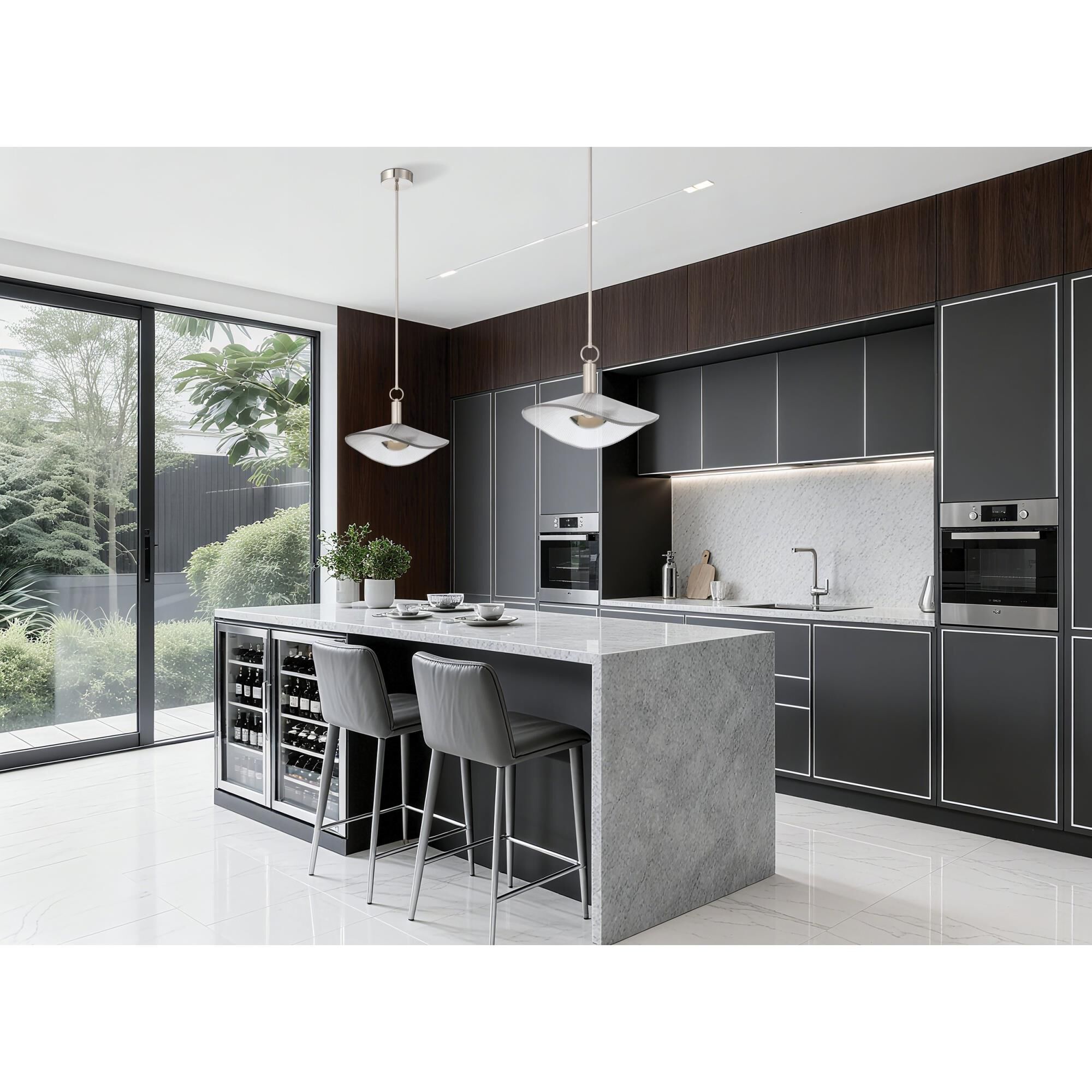 Shown in Polished Nickel finish and Clear Ribbed glass