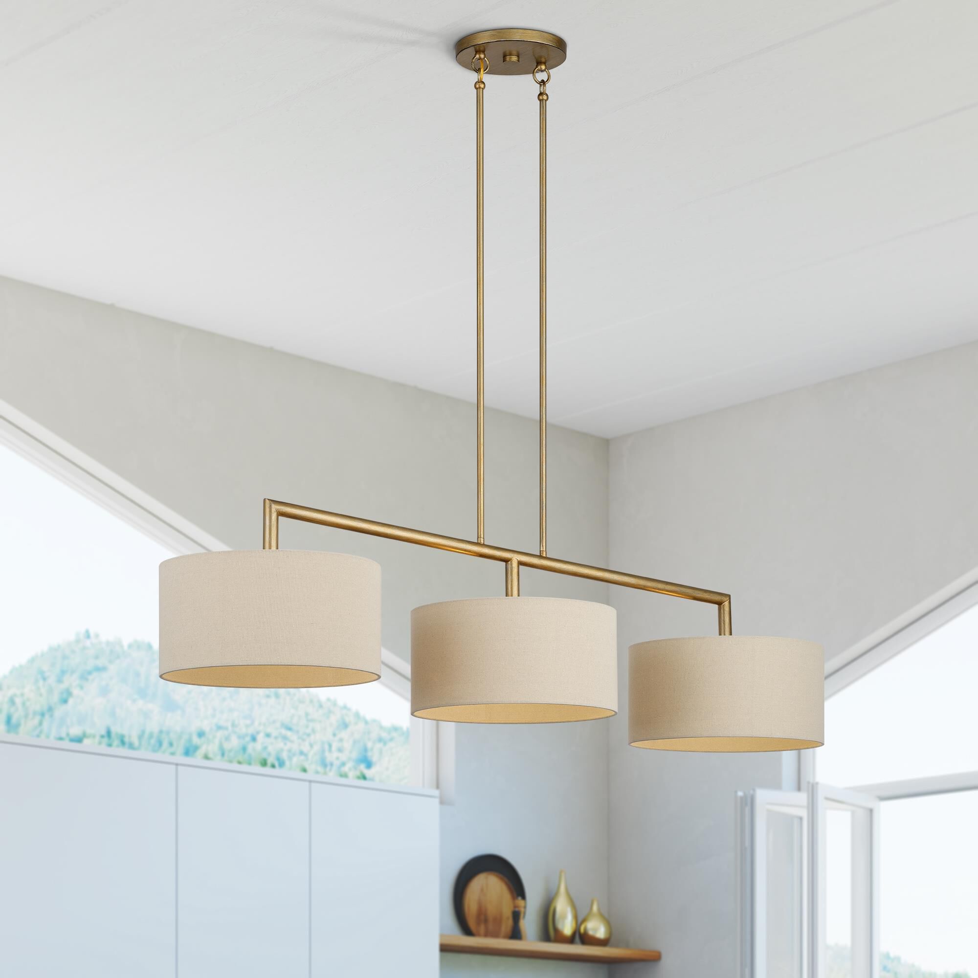 Shown in Antique Gold Leaf finish and Hand Crafted Parchment Color Hardback Fabric shade