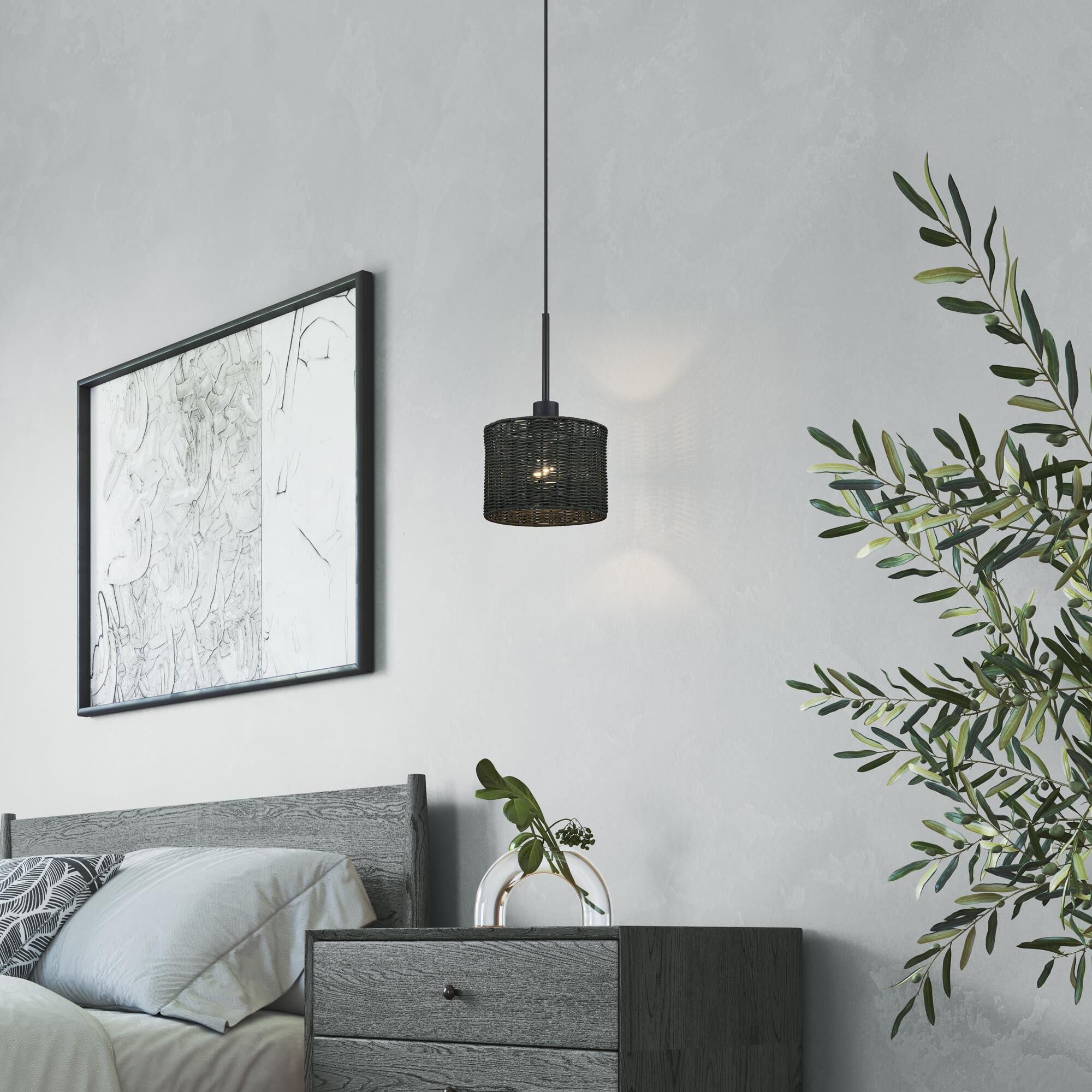 Shown in Black finish and Hand-Woven Charred Gray Color Rattan shade