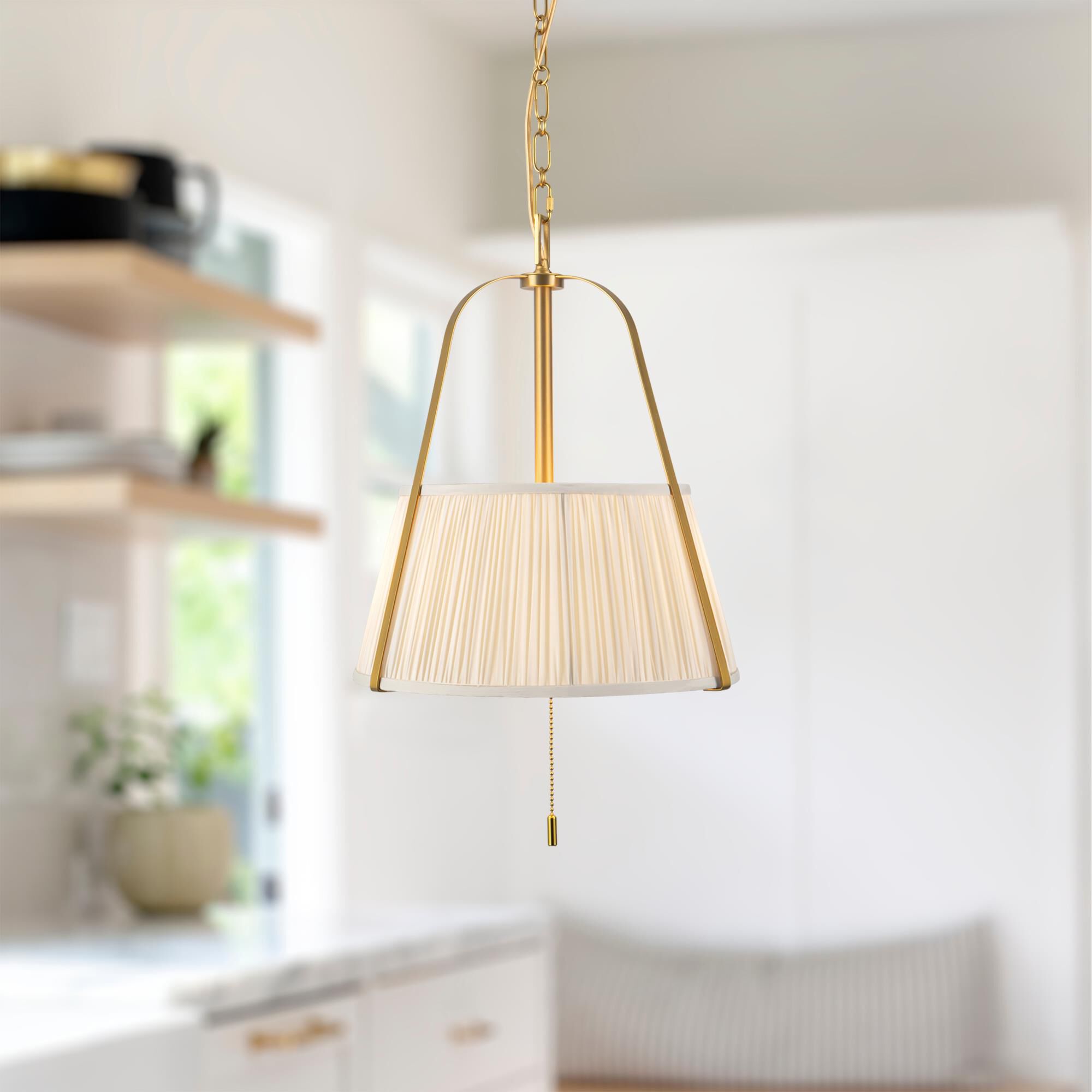 Shown in Brushed Gold finish and White Linen shade