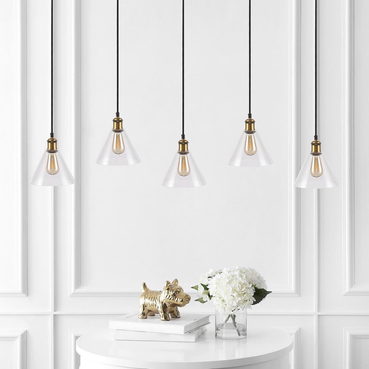 Shown in Black and Brass Gold finish and Clear glass