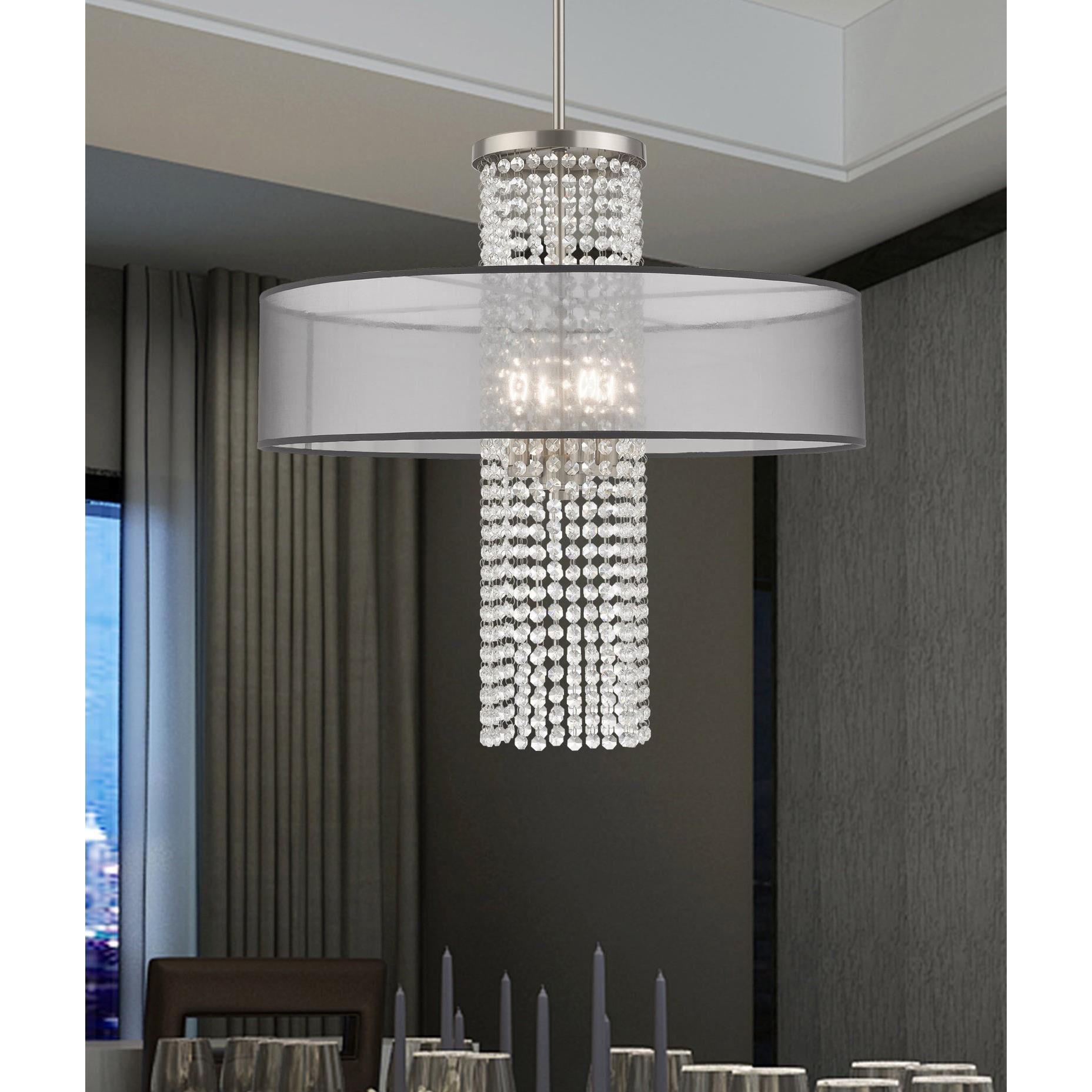 Shown in Brushed Nickel finish and Clear Crystals with Hand Crafted Translucent Black Fabric shade