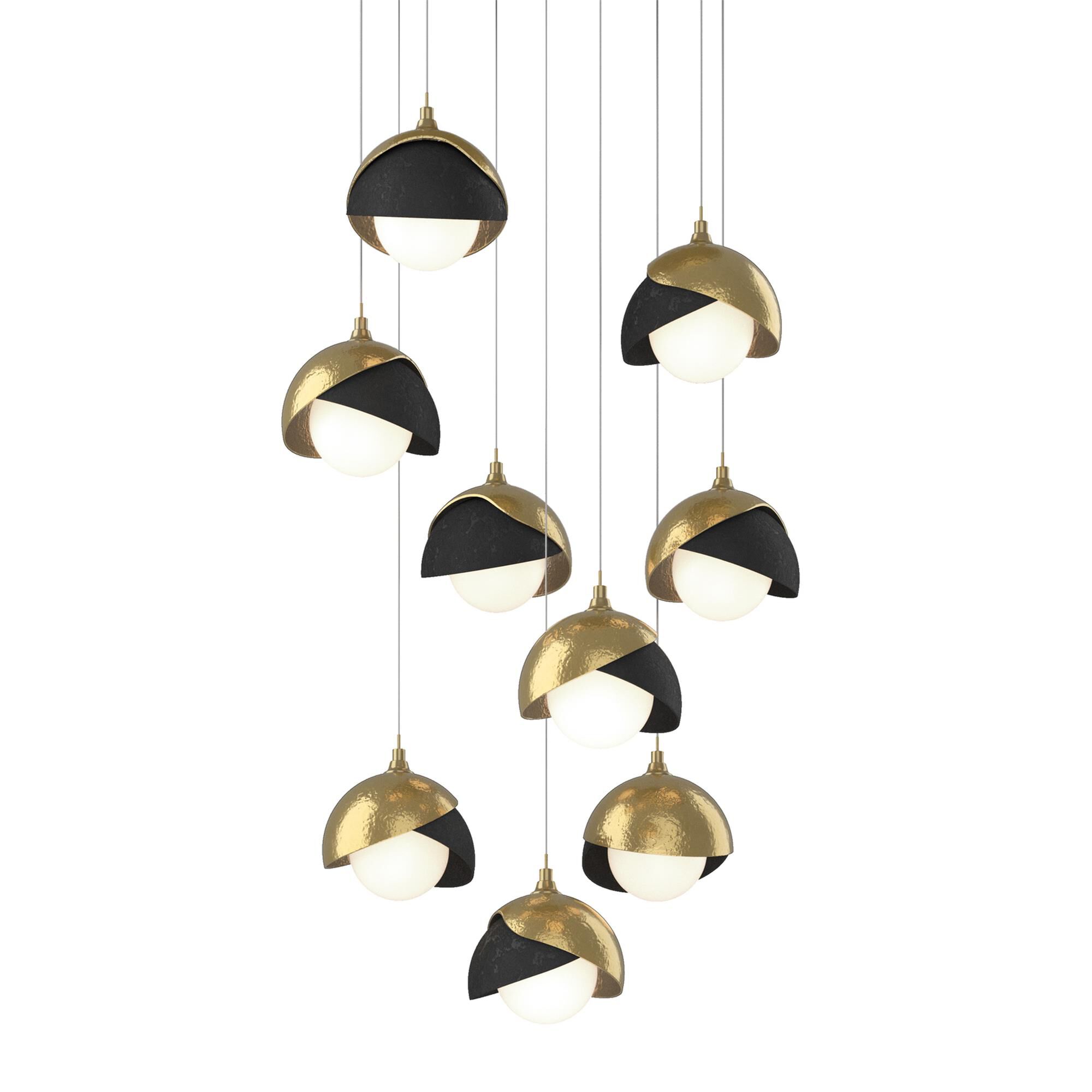 Shown in Modern Brass finish and Opal glass and Black accent