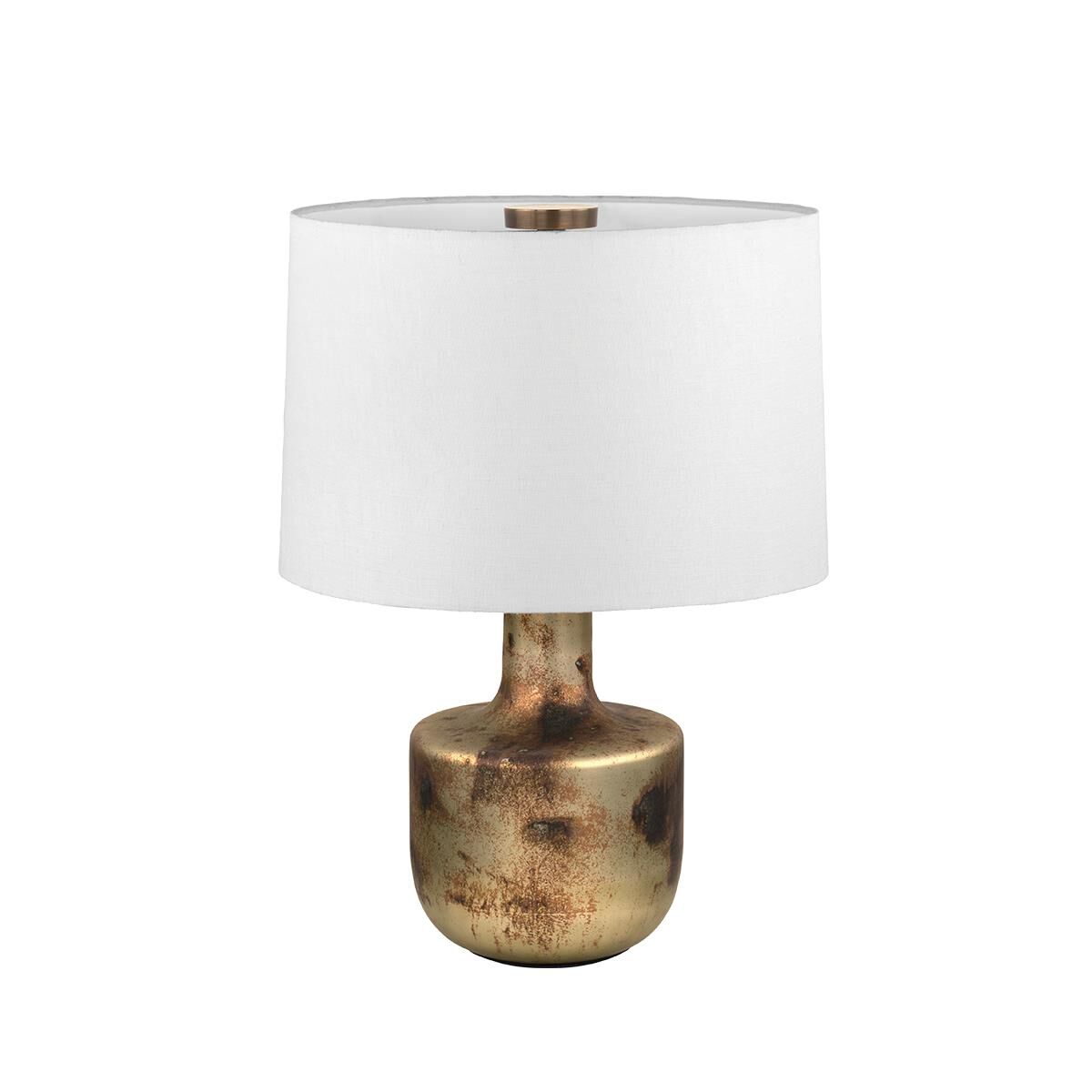 Shown in Patina Brass finish and White Linen Fabric shade