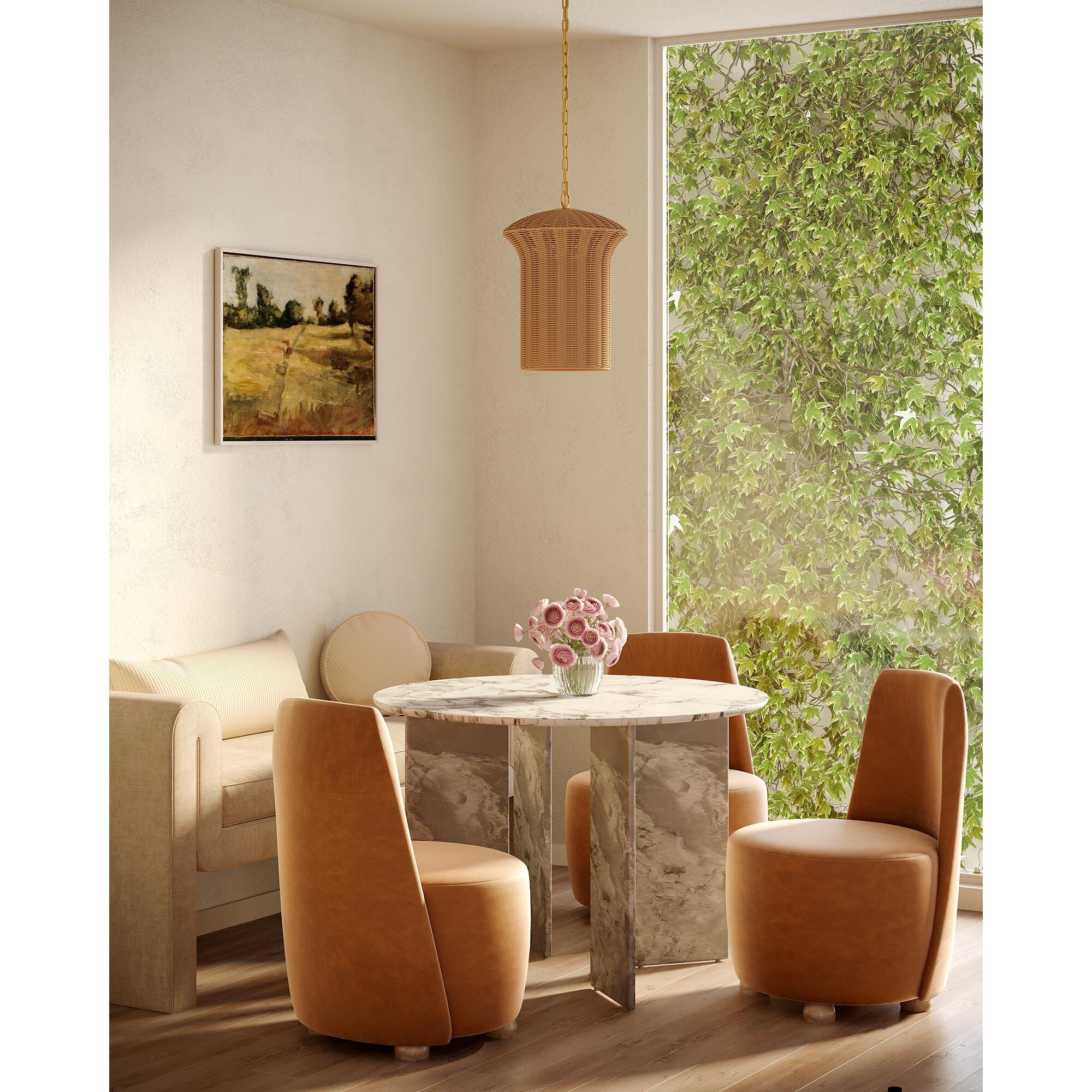 Shown in Brushed Gold finish and Rattan shade