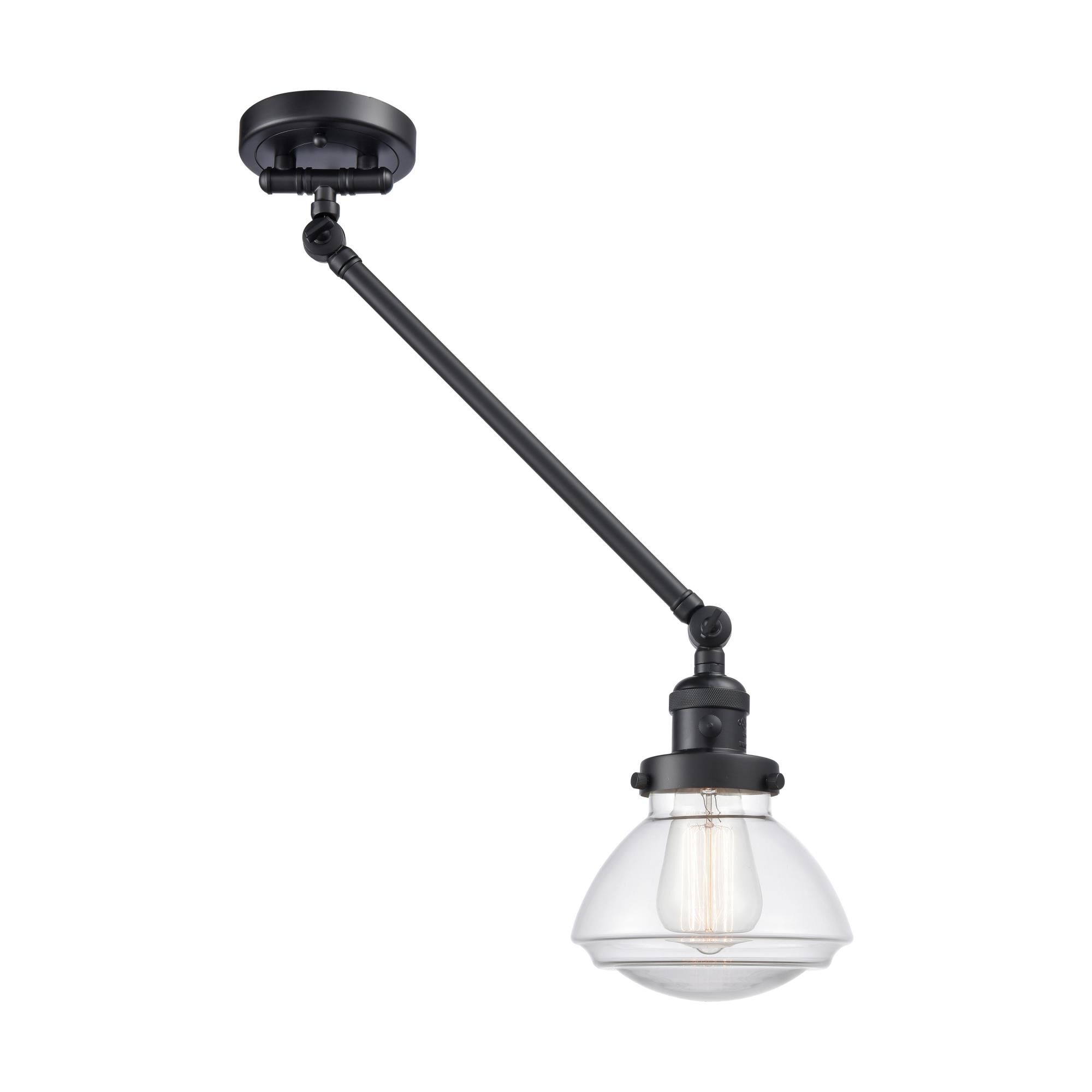 Shown in Matte Black finish and Transparent  Clear Olean glass and Glass shade and Bulb Tint - Amber accent