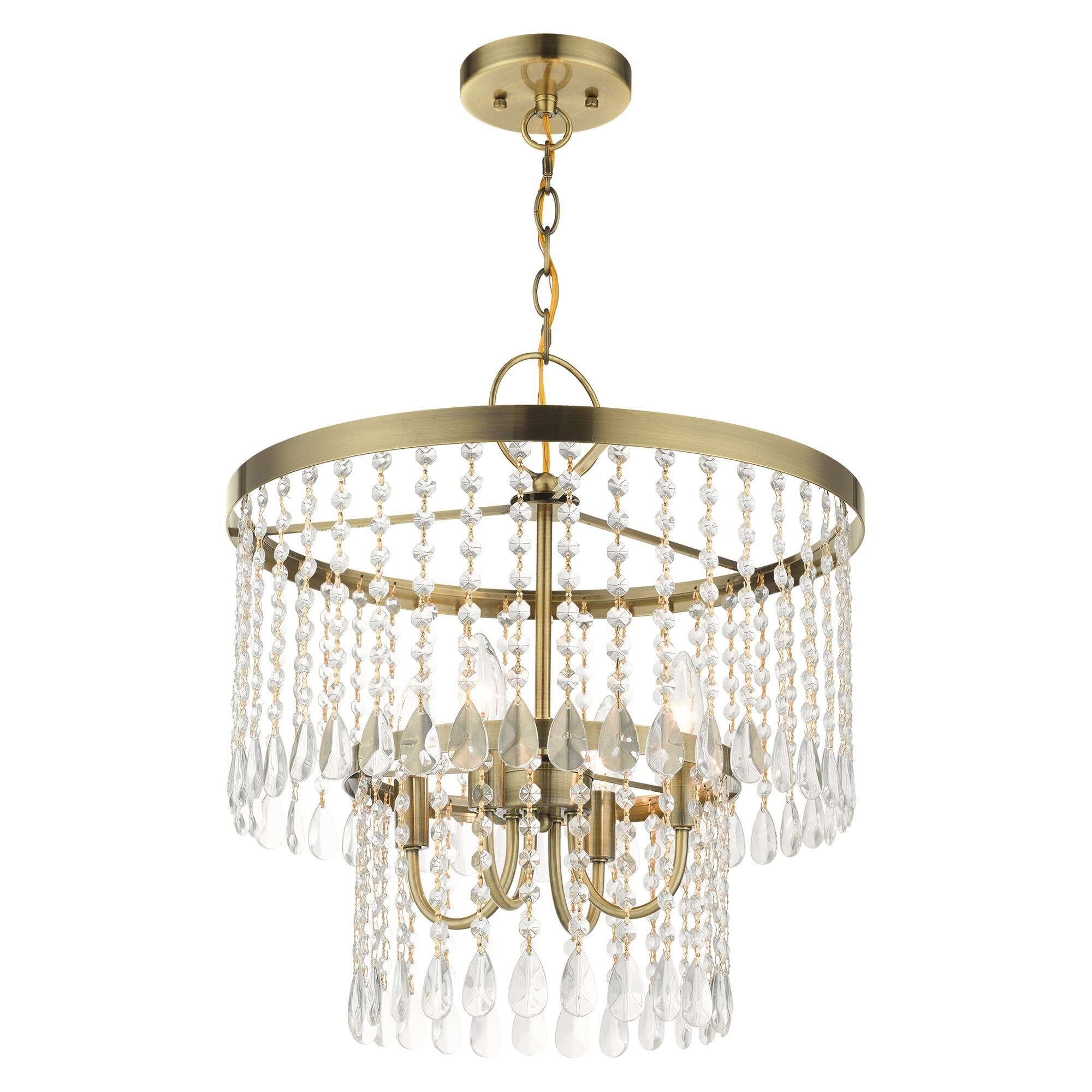 Shown in Antique Brass finish and Hand Assembled Crystal Shade glass