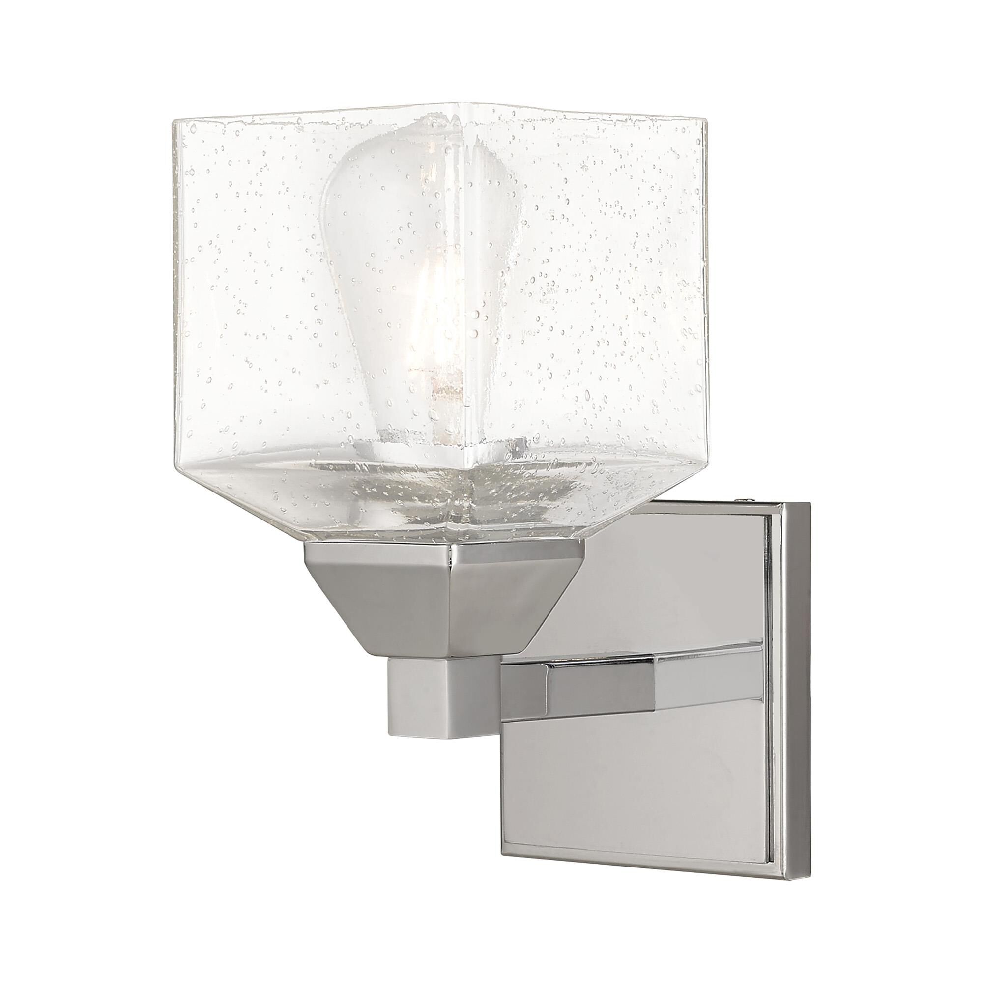 Shown in Polished Chrome finish and Hand Blown Clear Seeded glass