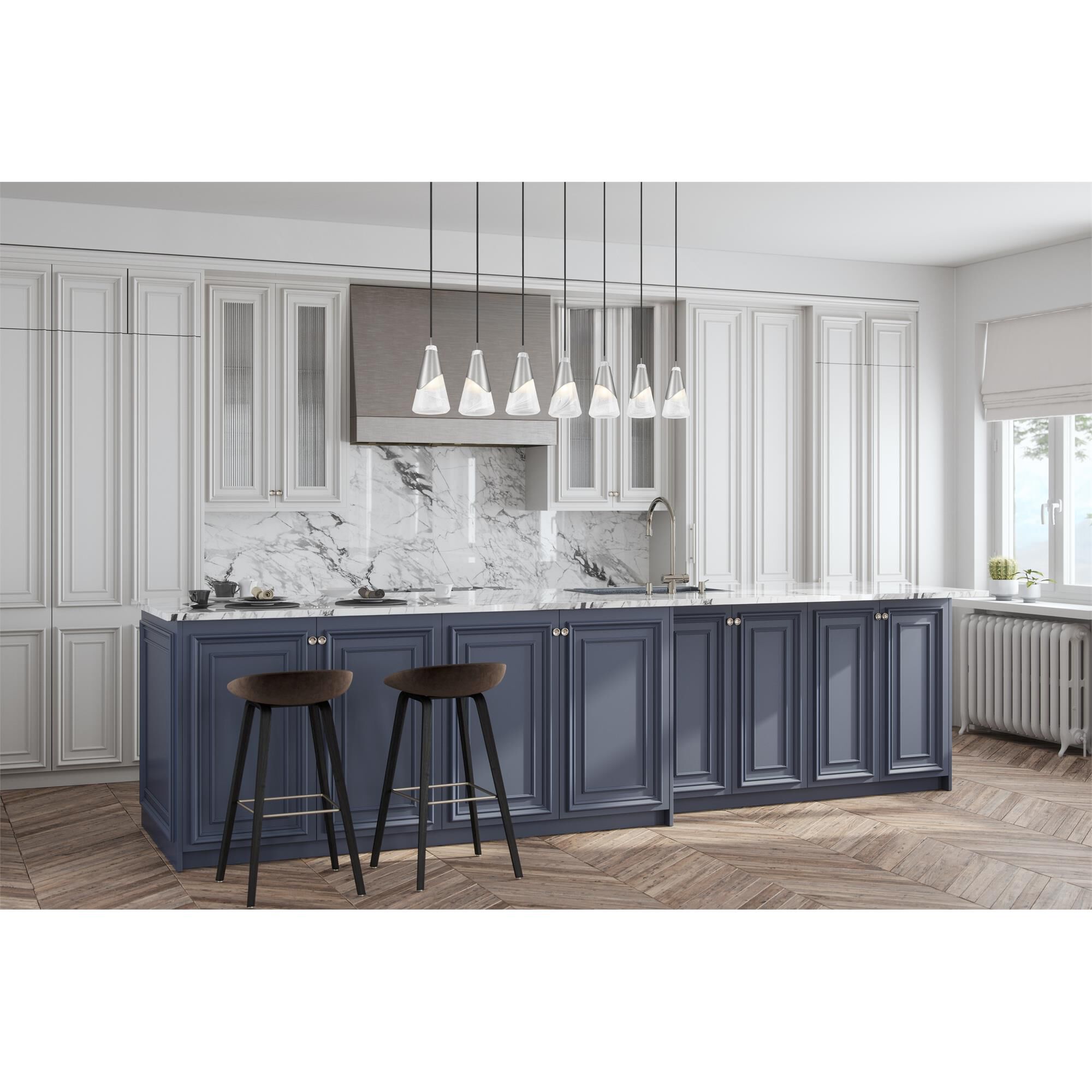 Shown in Brushed Nickel finish and White Swirl glass and White Swirl shade
