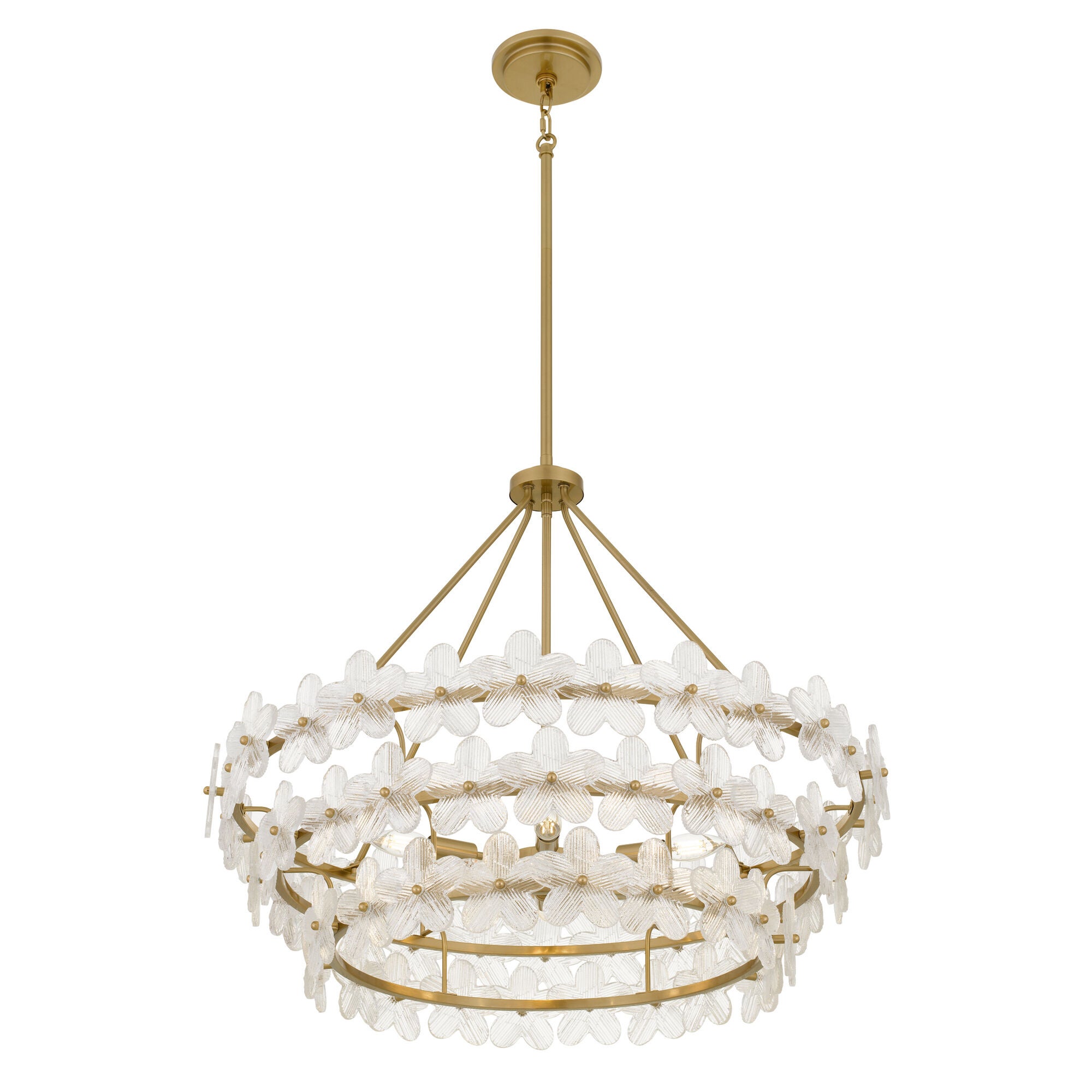 Shown in Brushed Gold finish and Clear Textured Glass shade