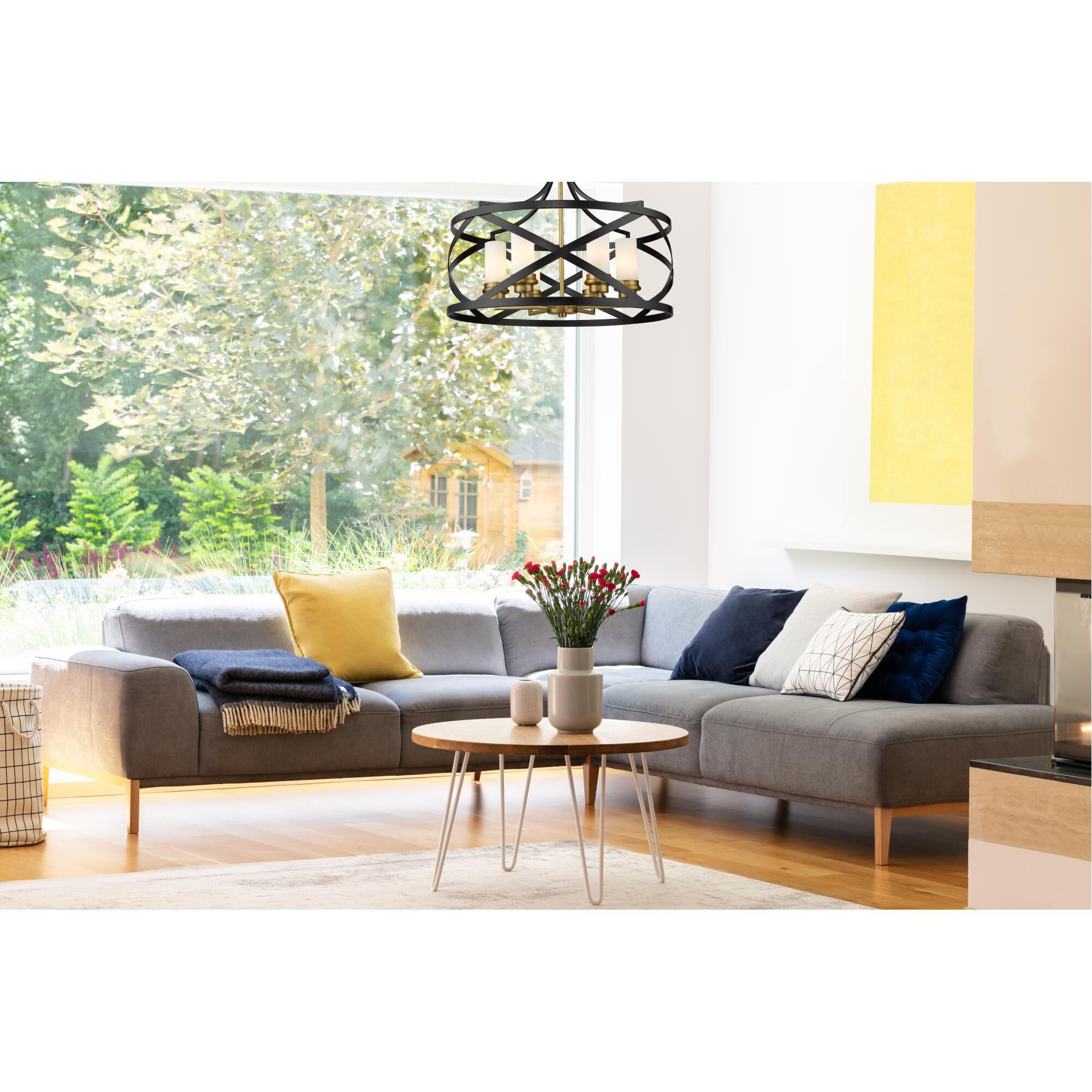 Shown in Matte Black + Olde Brass finish and Glass shade