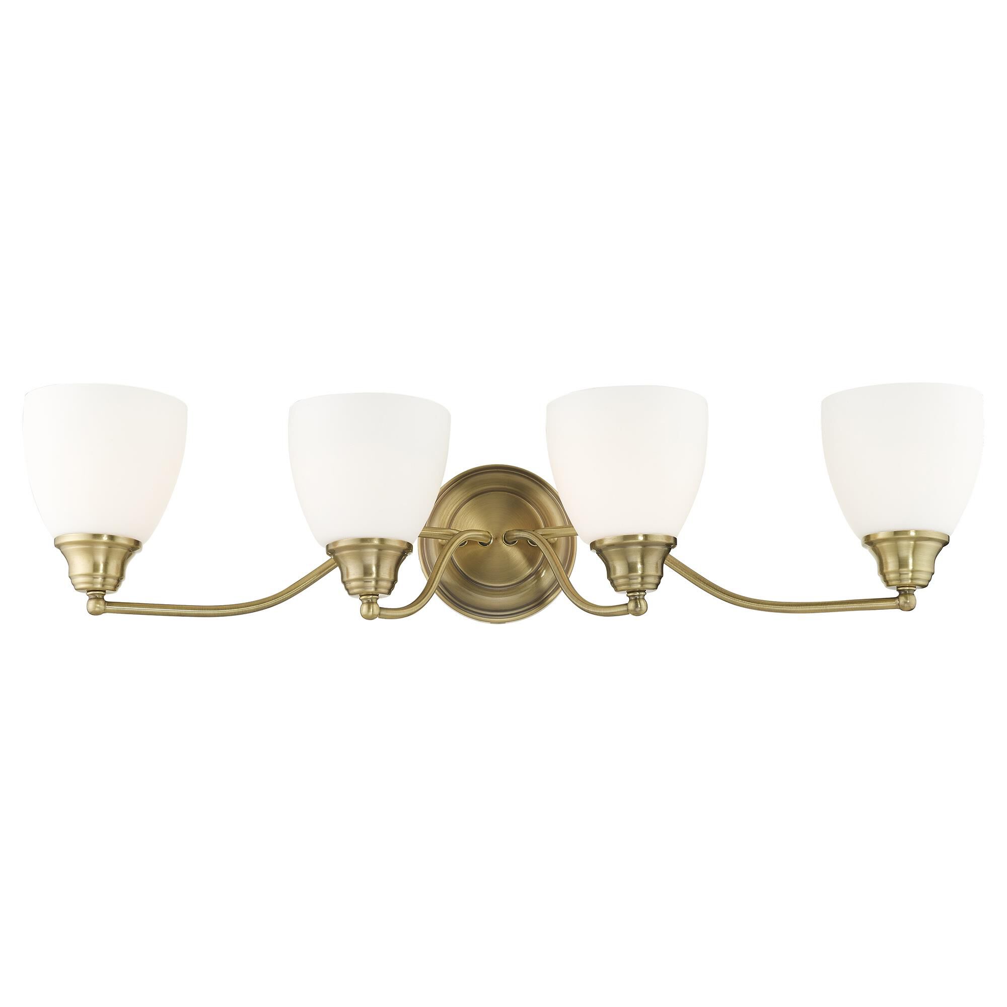 Shown in Antique Brass finish and Hand Blown Satin Opal White glass