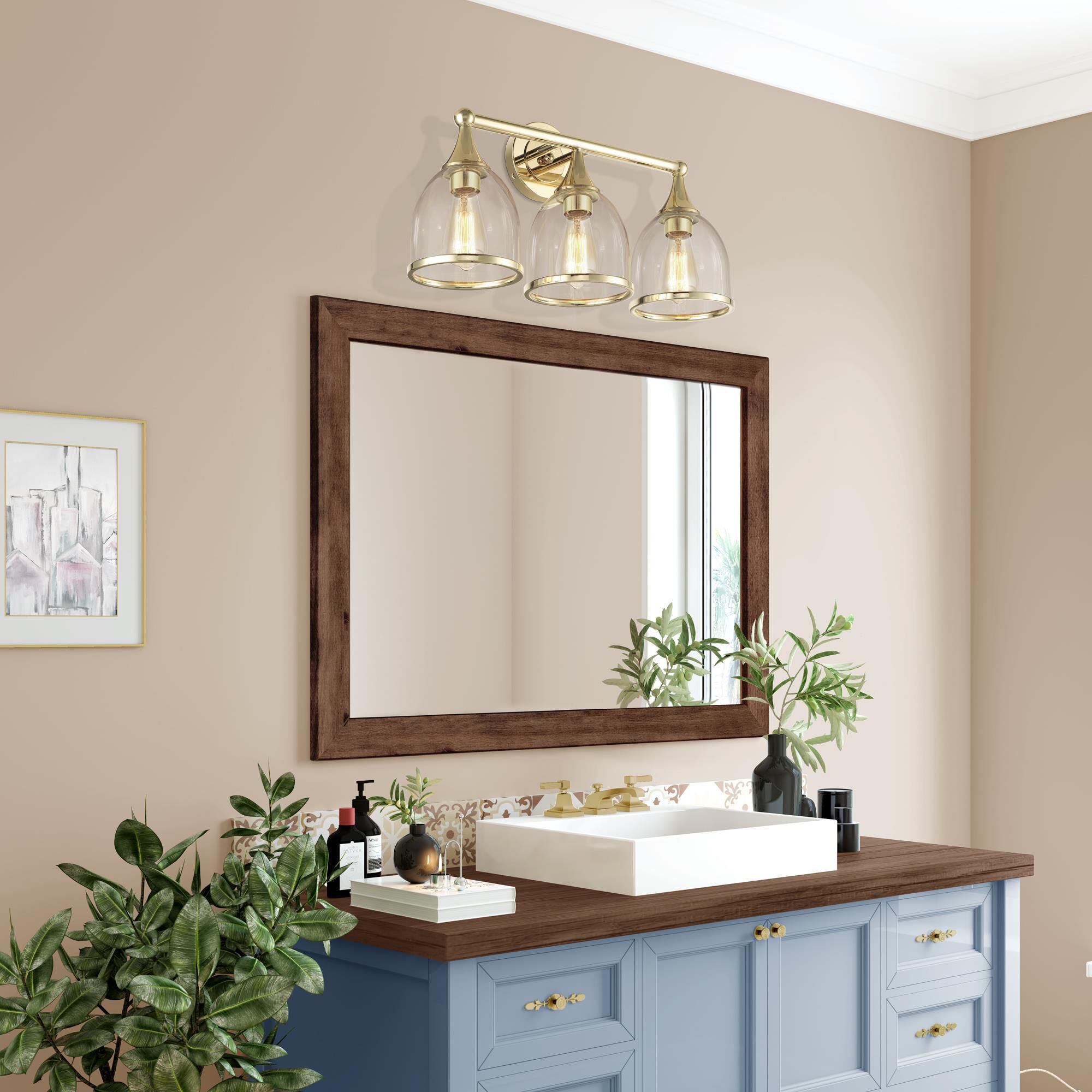 Shown in Polished Brass finish and Mouth Blown Clear glass