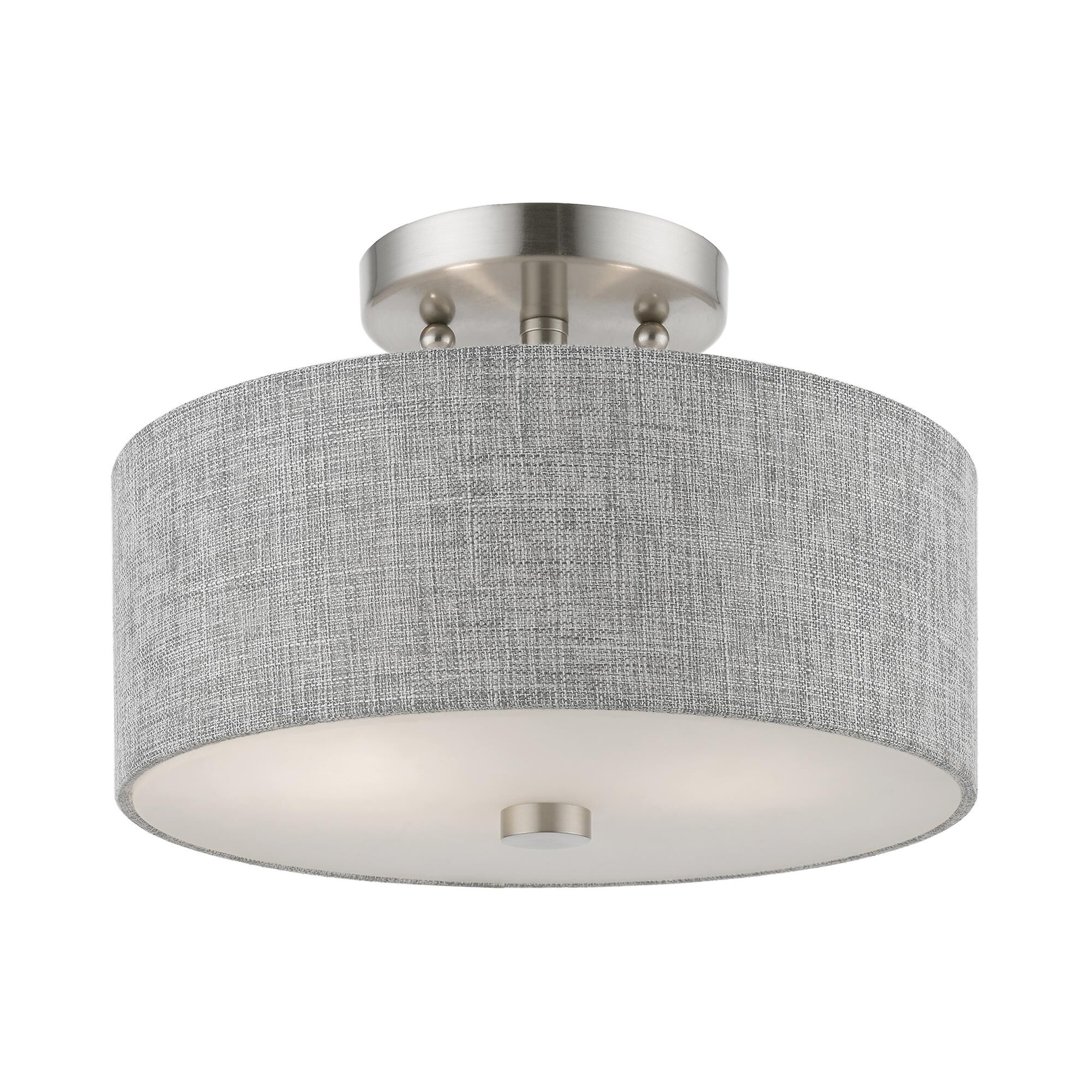 Shown in Brushed Nickel with Shiny White Accents finish and Hand Crafted Urban Gray Hardback Fabric With White Inside shade