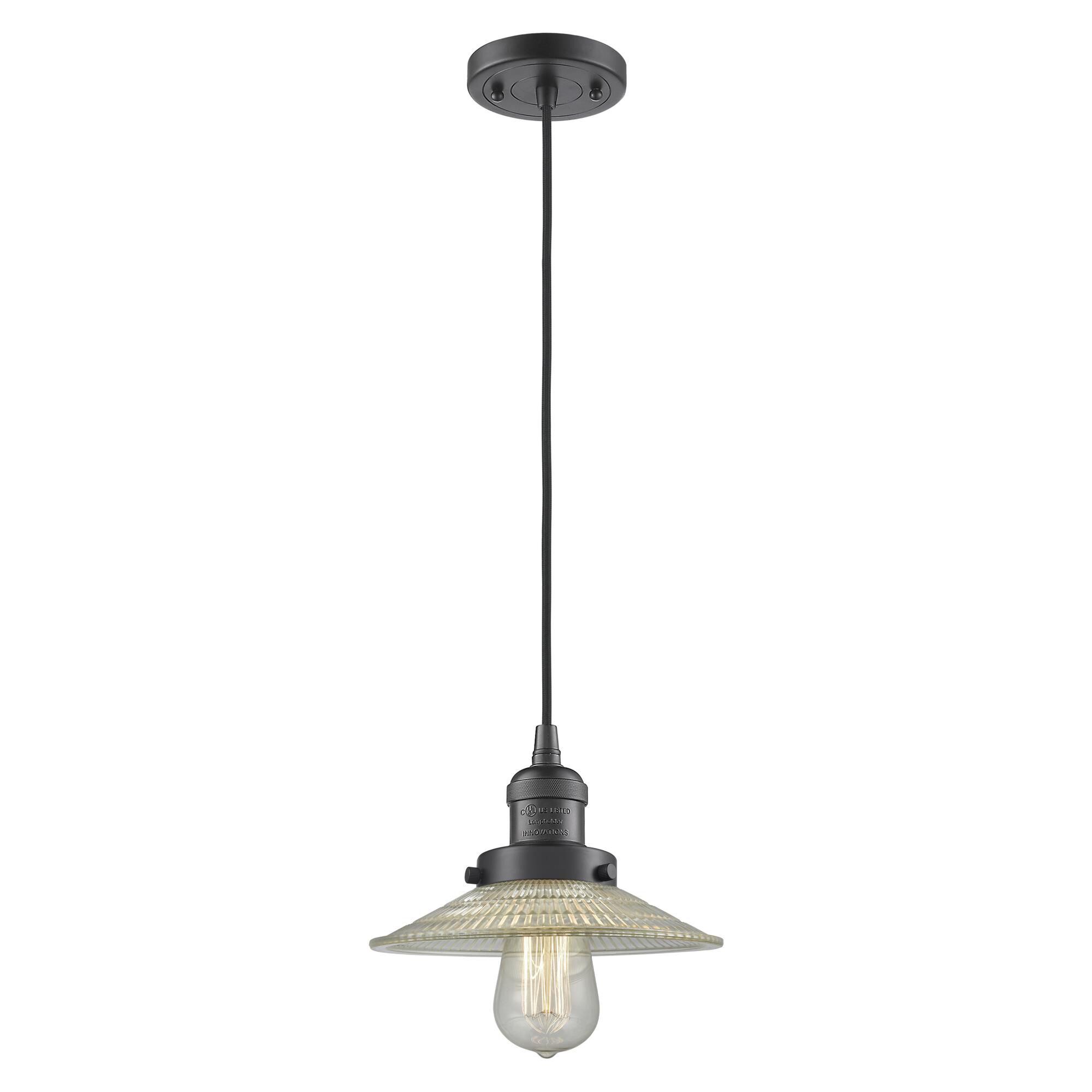 Shown in Oil Rubbed Bronze finish and Clear Halophane glass