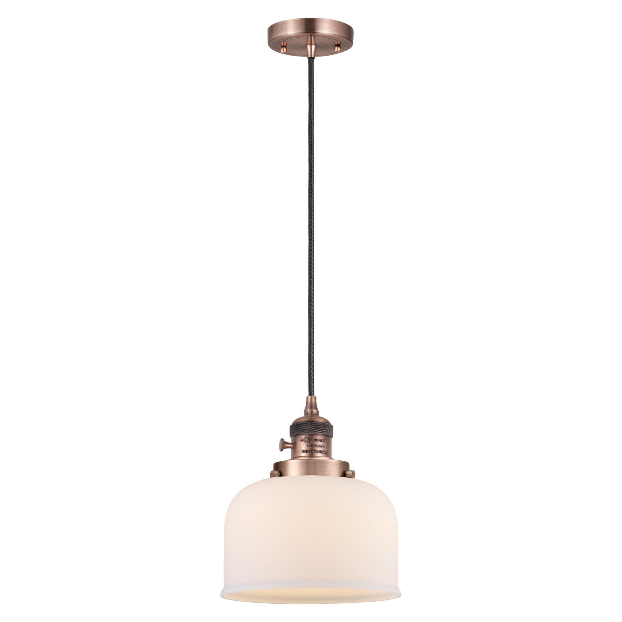 Shown in Antique Copper finish and Matte White glass