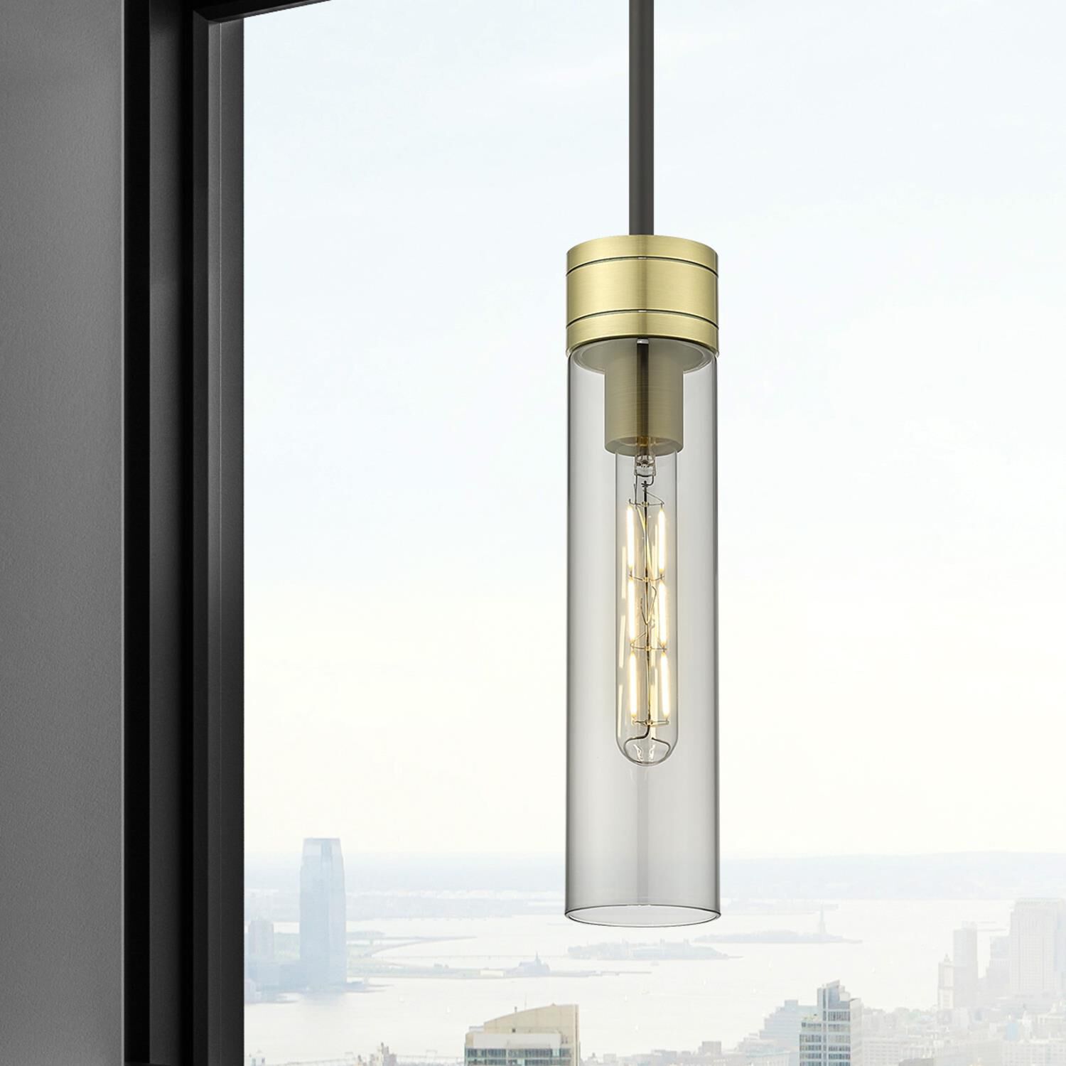 Shown in Black Antique Brass finish and Light Smoke glass