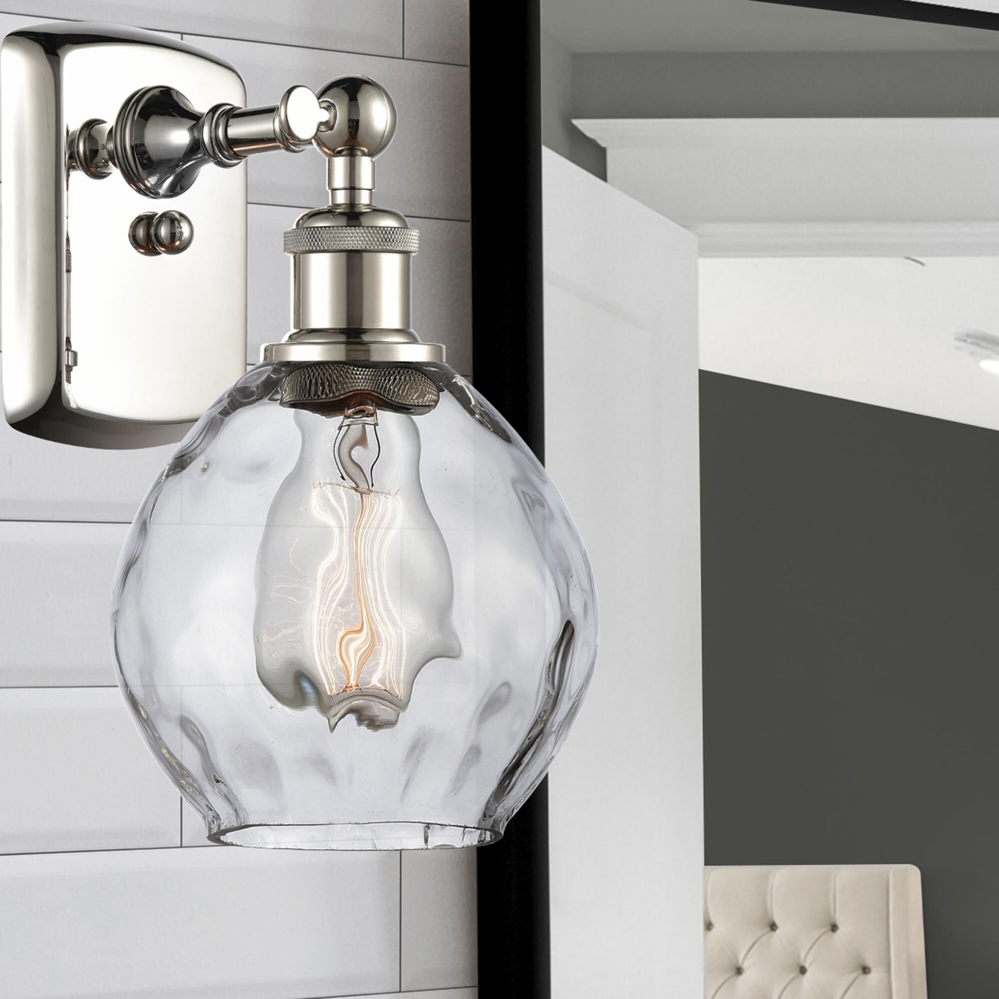 Shown in Polished Nickel finish and Clear Small Waverly glass and Glass shade and Polished Chrome accent