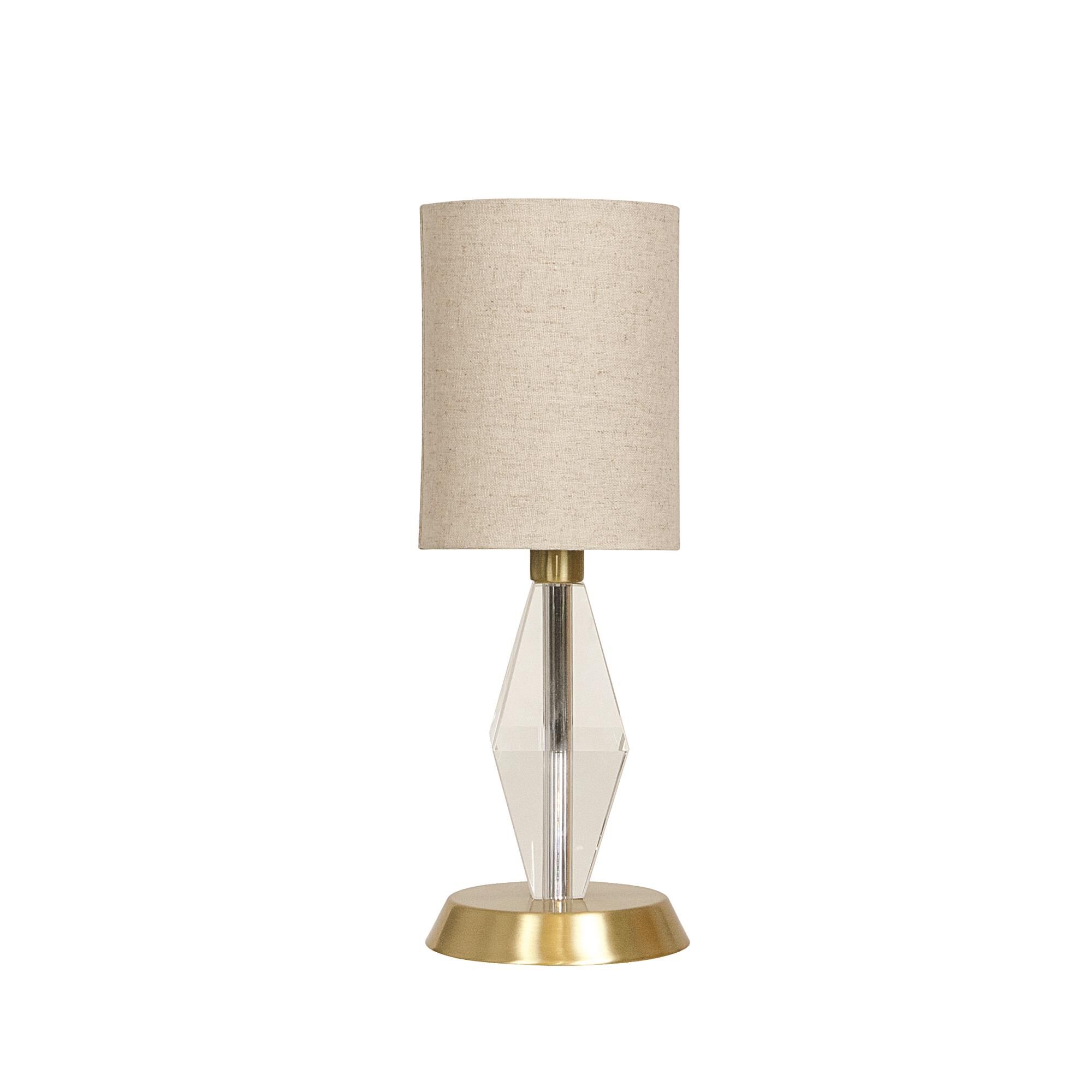 Shown in Satin Brass finish and Cream Linen Hardback shade