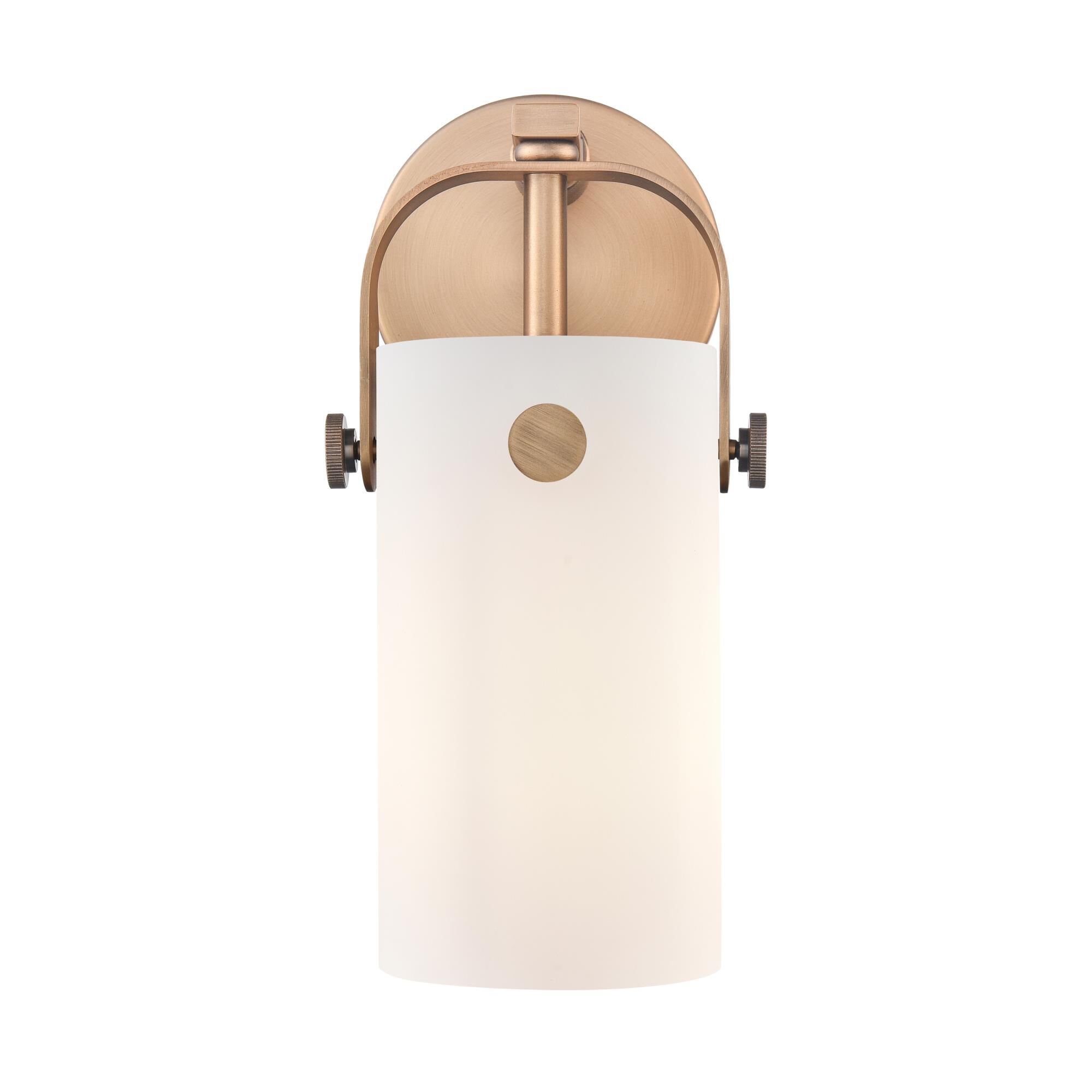 Shown in Brushed Brass finish and Matte White glass