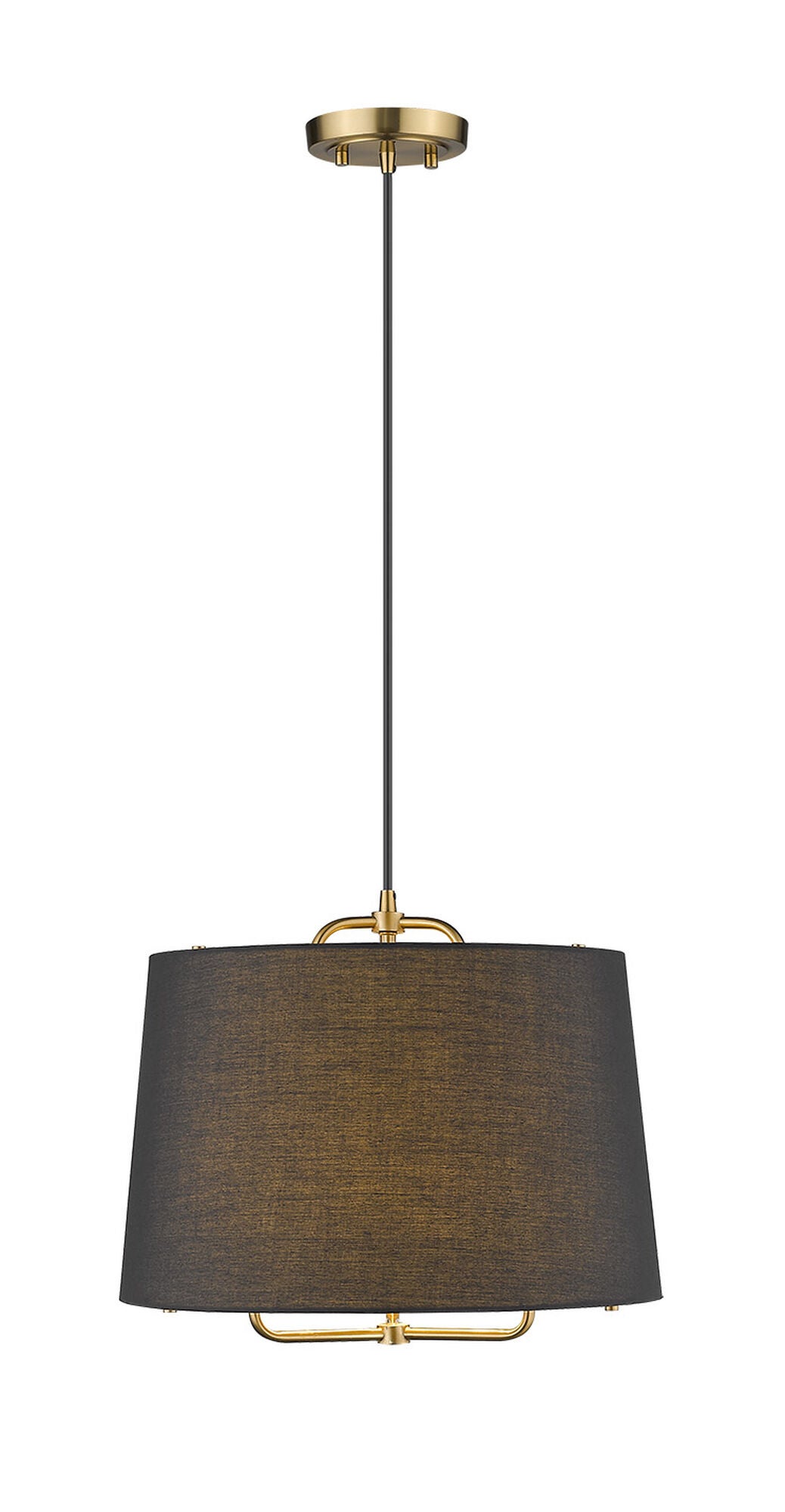 Shown in Gold finish and Matte Black glass and Black Hardback Linen Drum shade