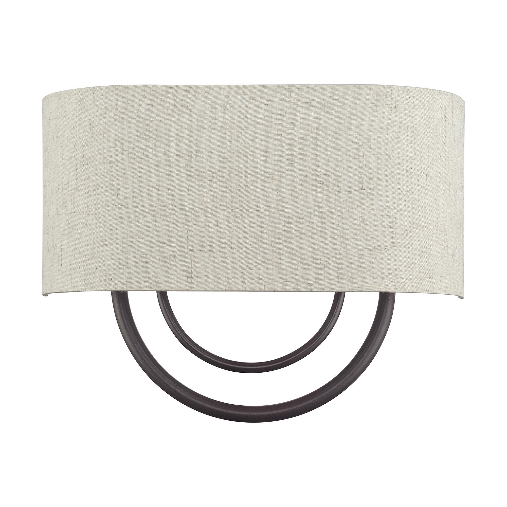 Shown in English Bronze finish and Hand Crafted Oatmeal Color Fabric Hardback with White Fabric Inside shade