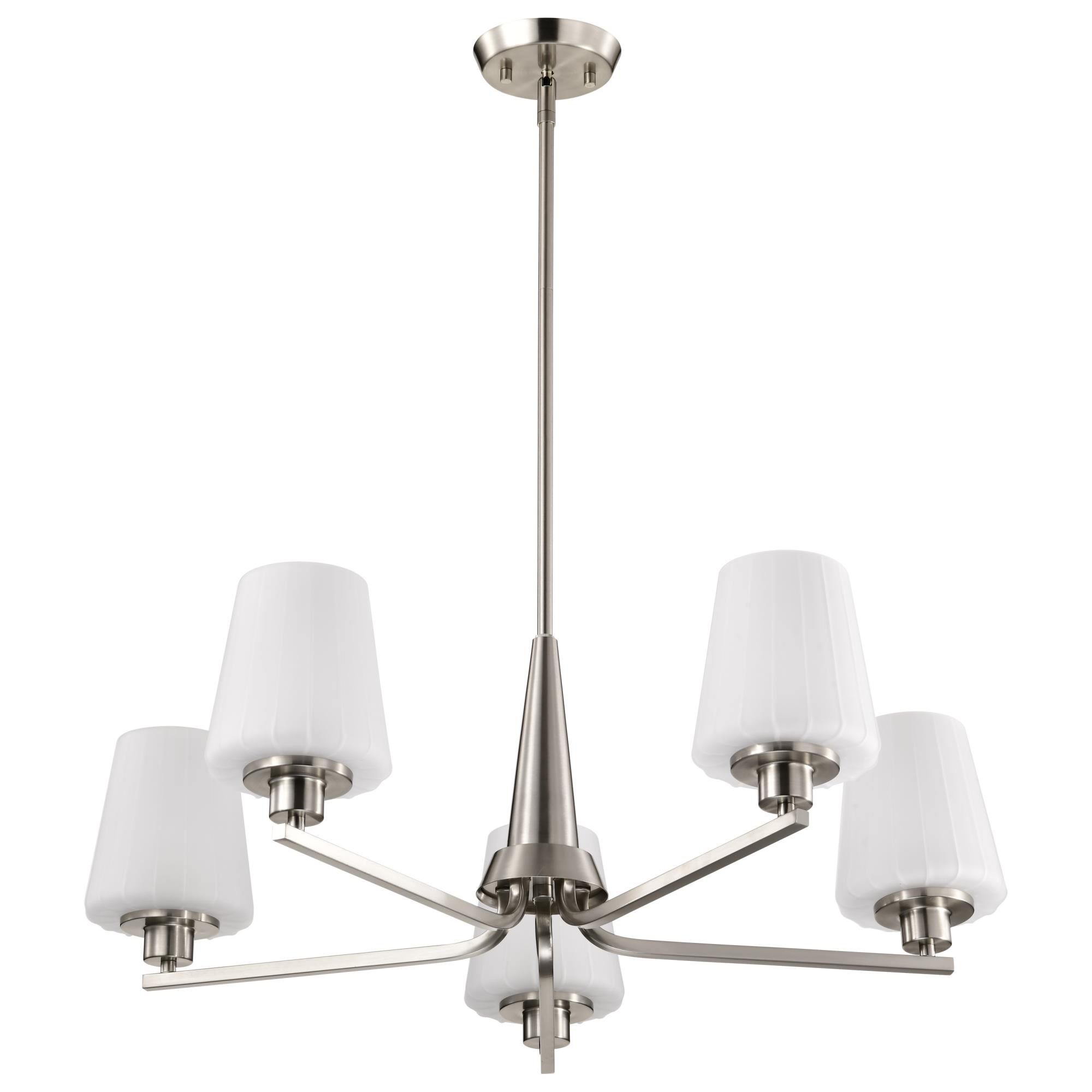 Shown in Brushed Nickel finish and Etched White glass