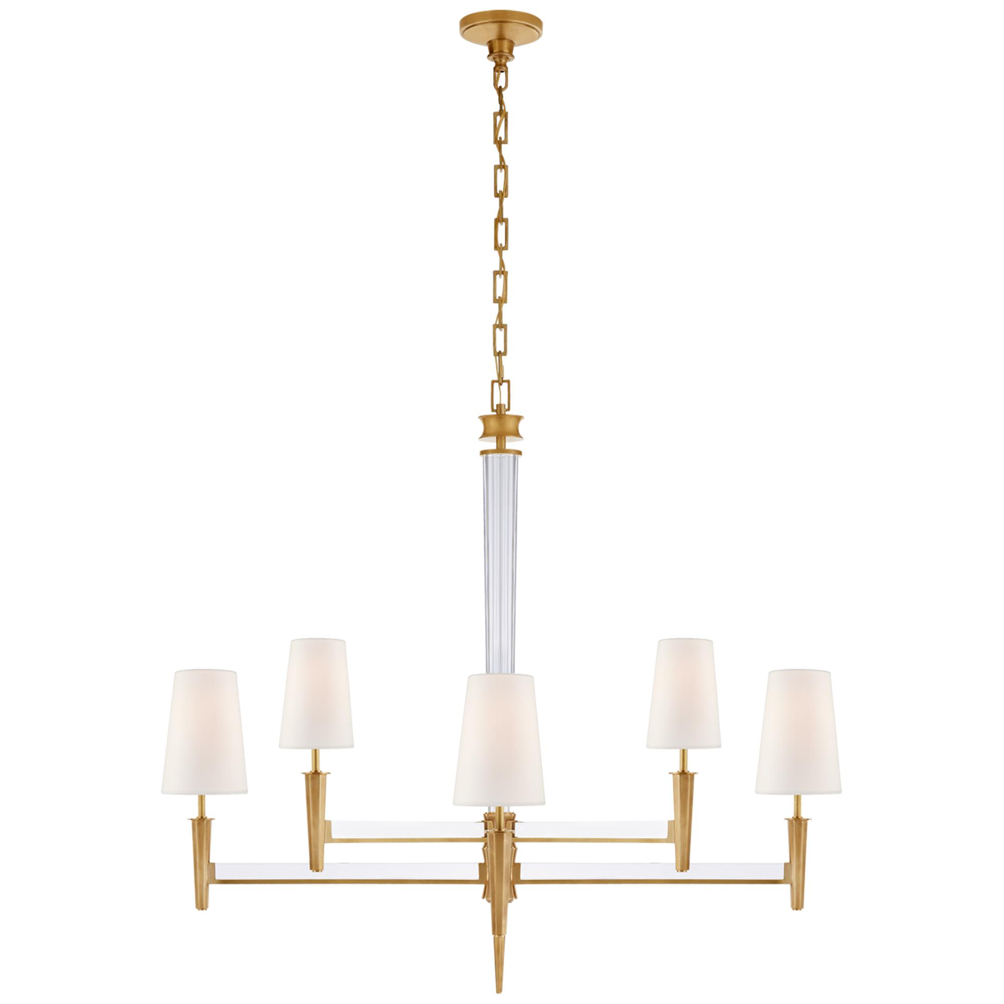 Shown in Hand-Rubbed Antique Brass And Crystal finish and Linen shade